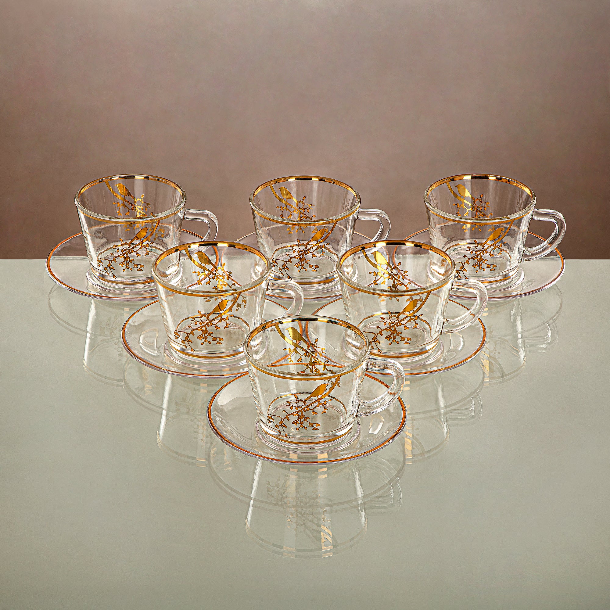 Almarjan Cup & Saucer Set Clear & Gold 6 pieces (1469B-0011P-XQZT-GLD) Gatherings, special occasions, Ramadan, eid
