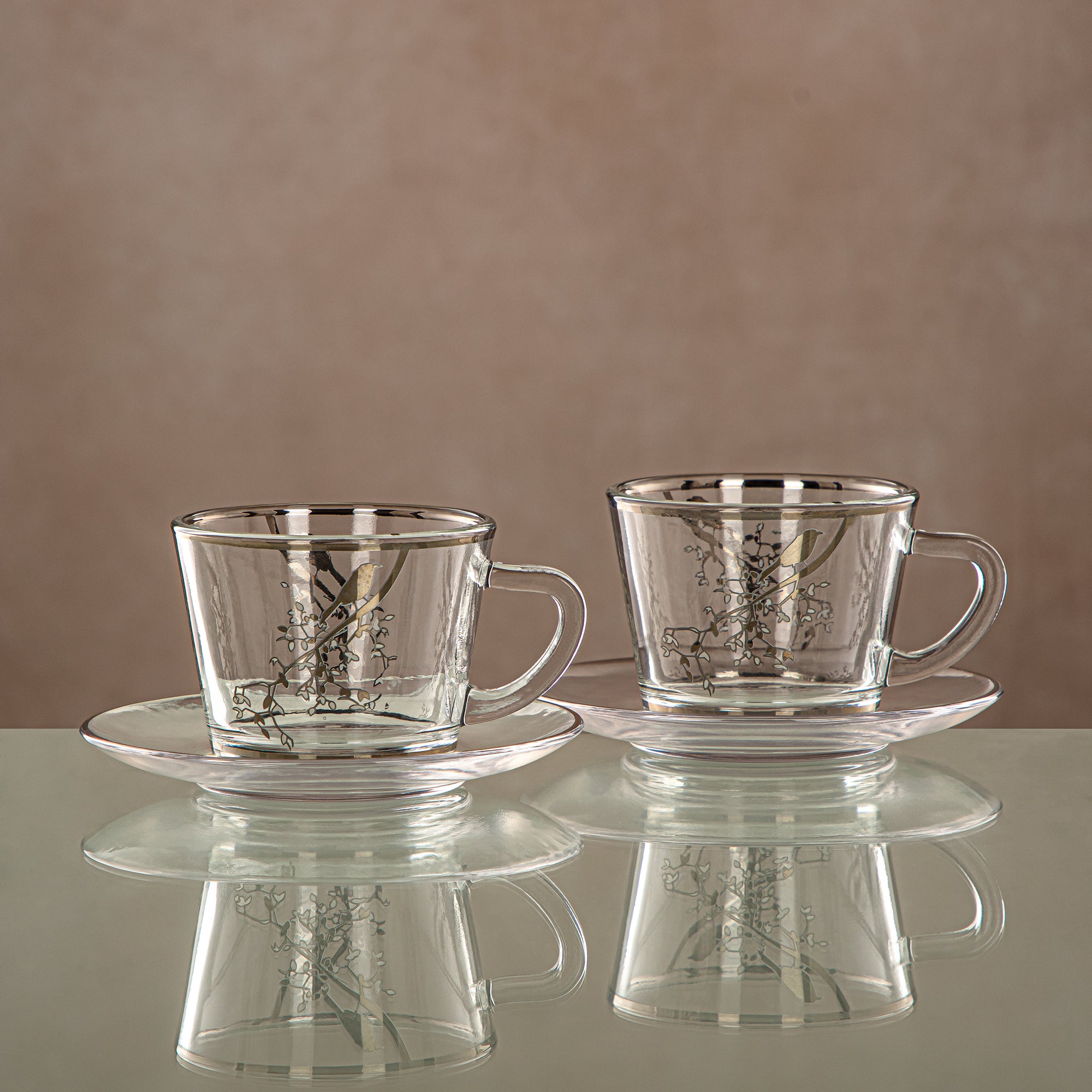 Almarjan Cup & Saucer Set Clear & silver 6 pieces (1469B-0011P-XQZT-SIL) Gatherings, special occasions, Ramadan, eid