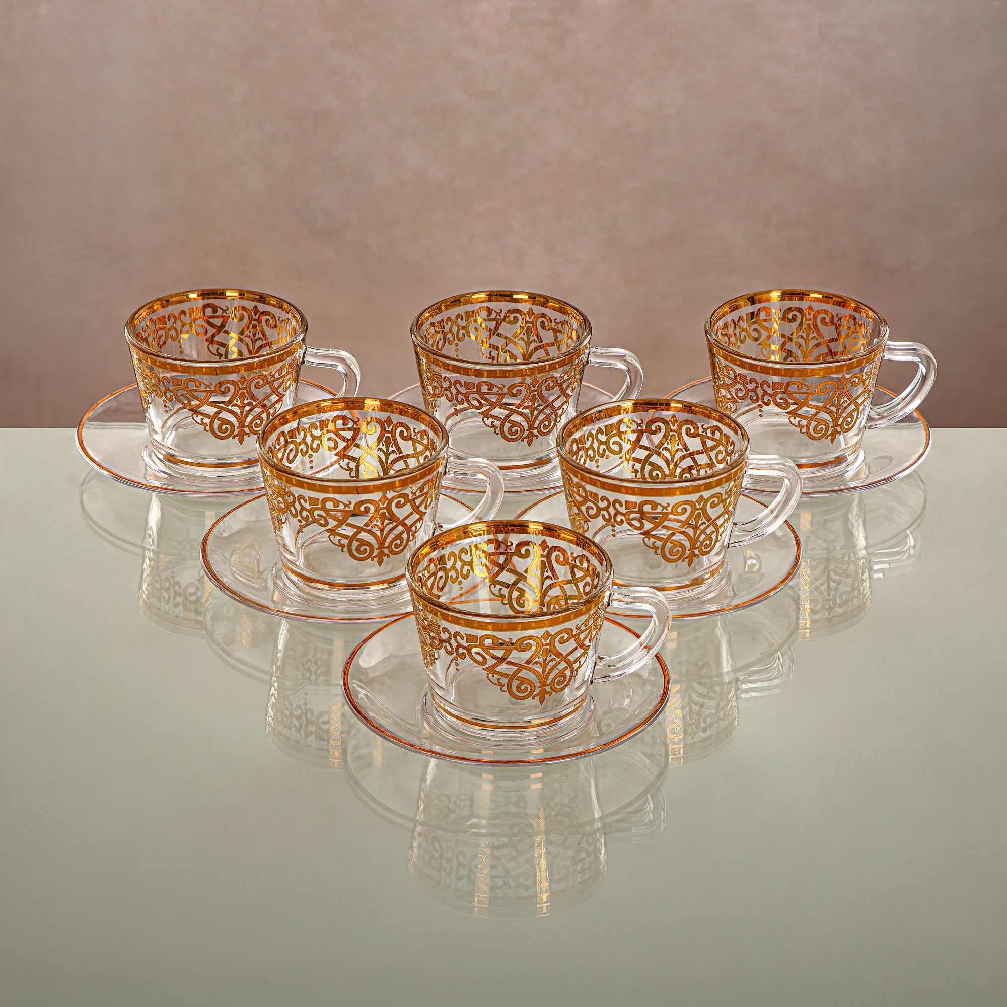 Almarjan Cup & Saucer Set Clear & Gold 6 pieces (1469B-0011P-YCS-GLD) Gatherings, special occasions, Ramadan, eid