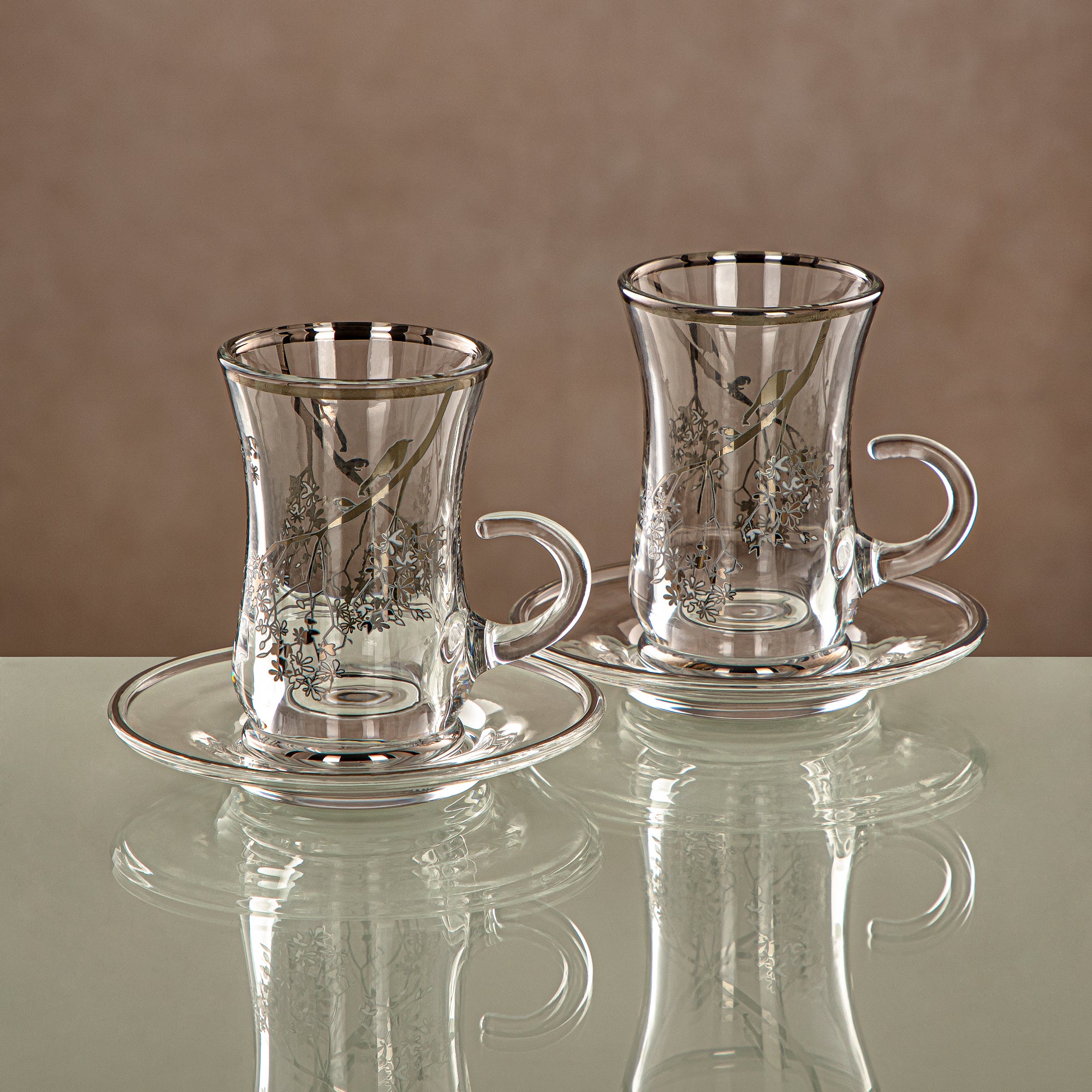 Almarjan Tea Cup & Saucer Set Clear & silver 6 pieces (1496BJ-0001P-XQZT-SIL) Gatherings, special occasions, Ramadan, eid