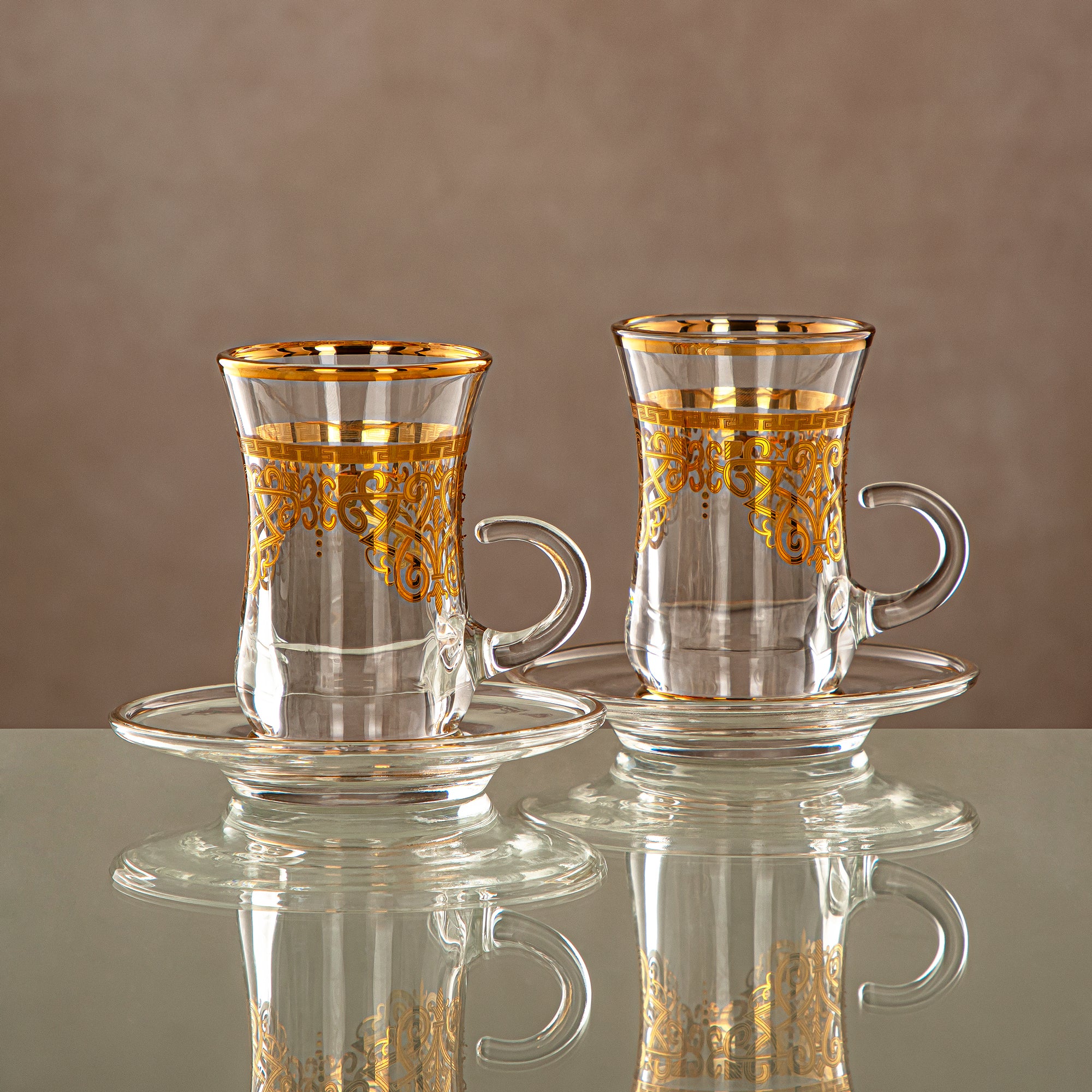Almarjan Tea Cup & Saucer Set Clear & Gold 6 pieces (1496BJ-0001P-YCS-GLD) Gatherings, special occasions, Ramadan, eid