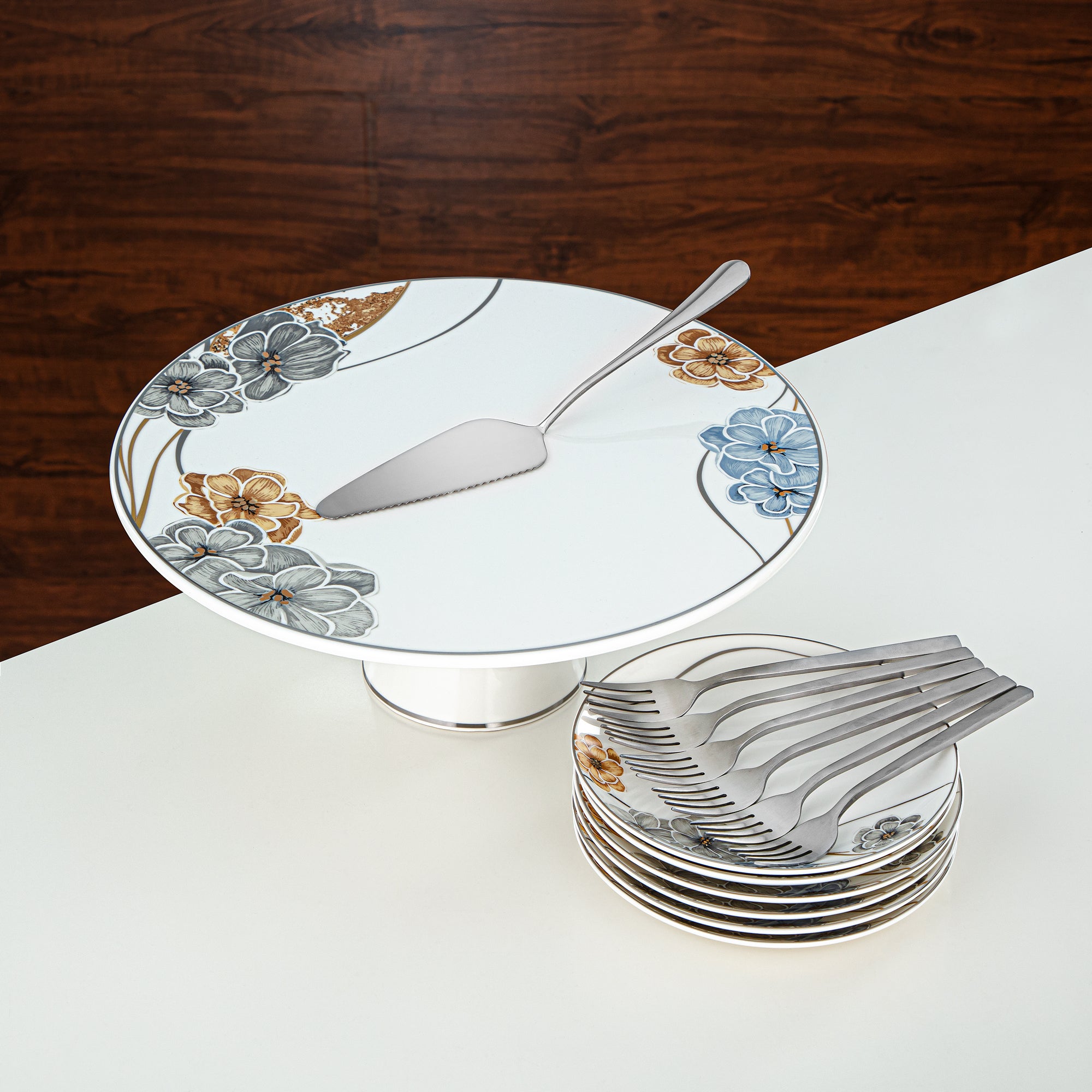 Service à Dessert 14 Pièces En Acier Inoxydable Doré Motif Floral - Stainless China