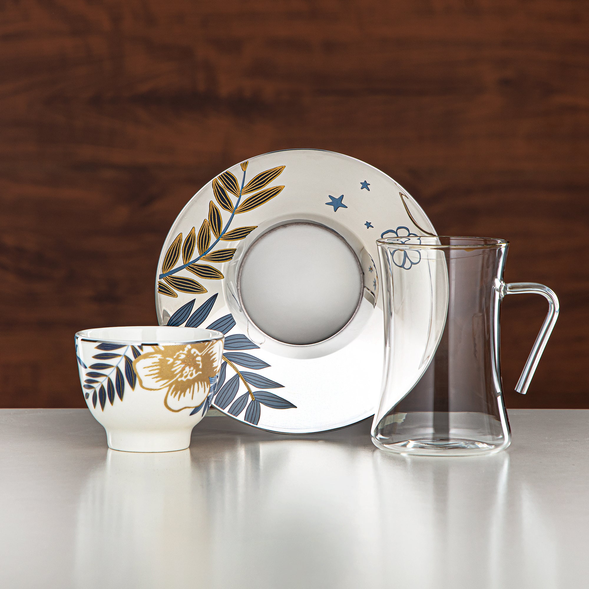 Almarjan Tea Set Borosilicate Glass, Stainless Steel & Porcelain 18 Pieces (18PCS-12196-1) – Blue Botanical Tea Collection