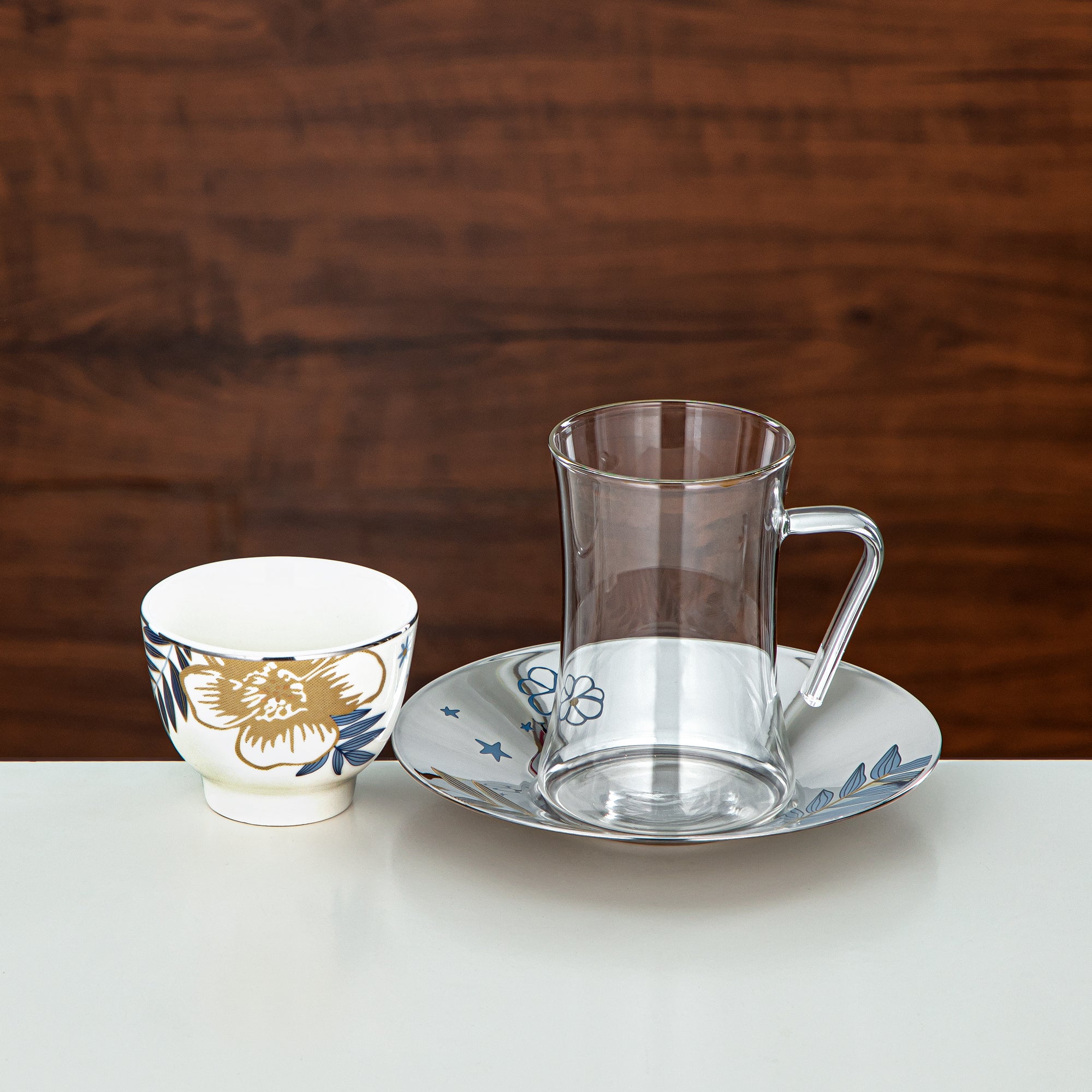 Almarjan Tea Set Borosilicate Glass, Stainless Steel & Porcelain 18 Pieces (18PCS-12196-1) – Blue Botanical Tea Collection