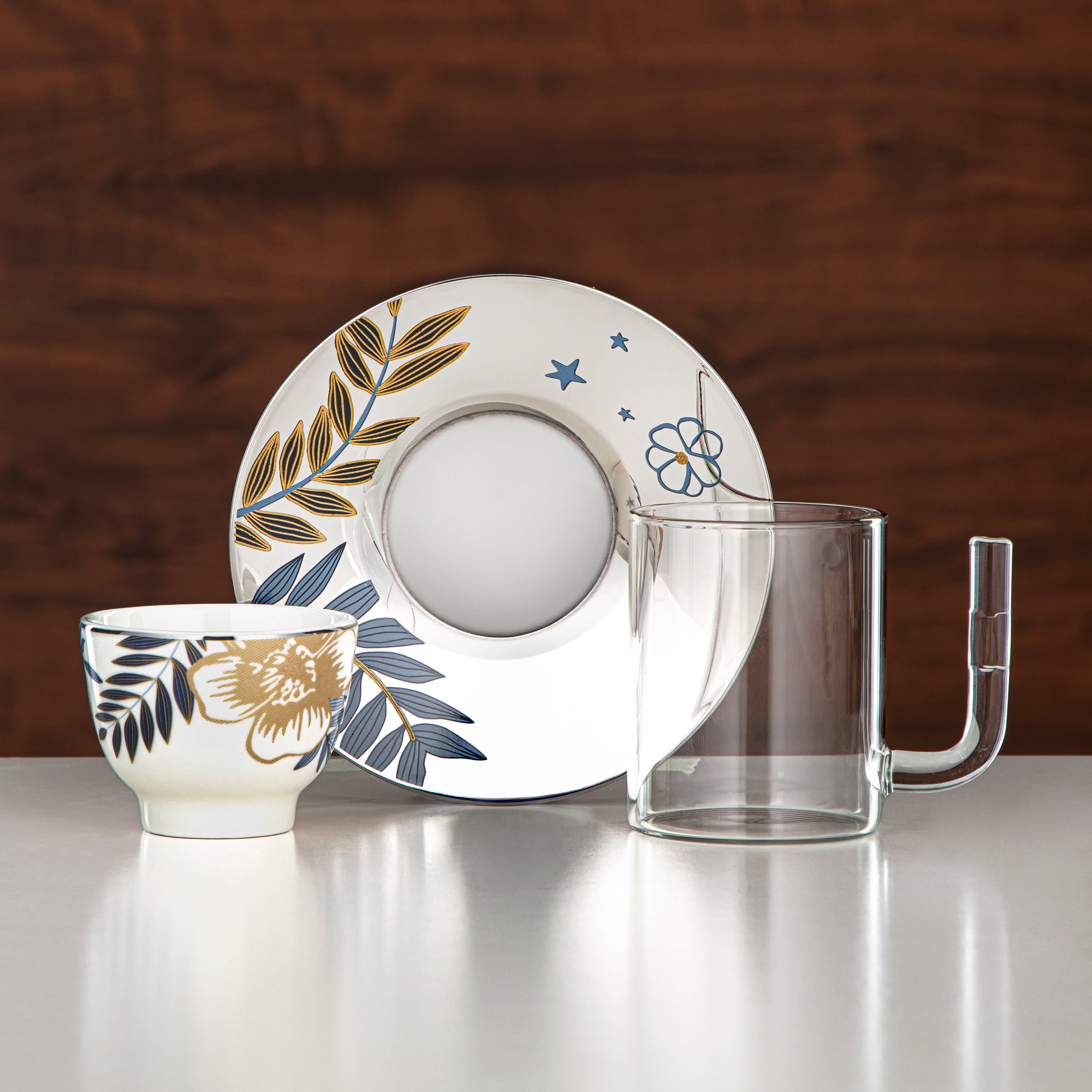 Almarjan Tea Set Borosilicate Glass, Stainless Steel & Porcelain 18 Pieces (18PCS-12196-2) – Blue Botanical Tea Collection