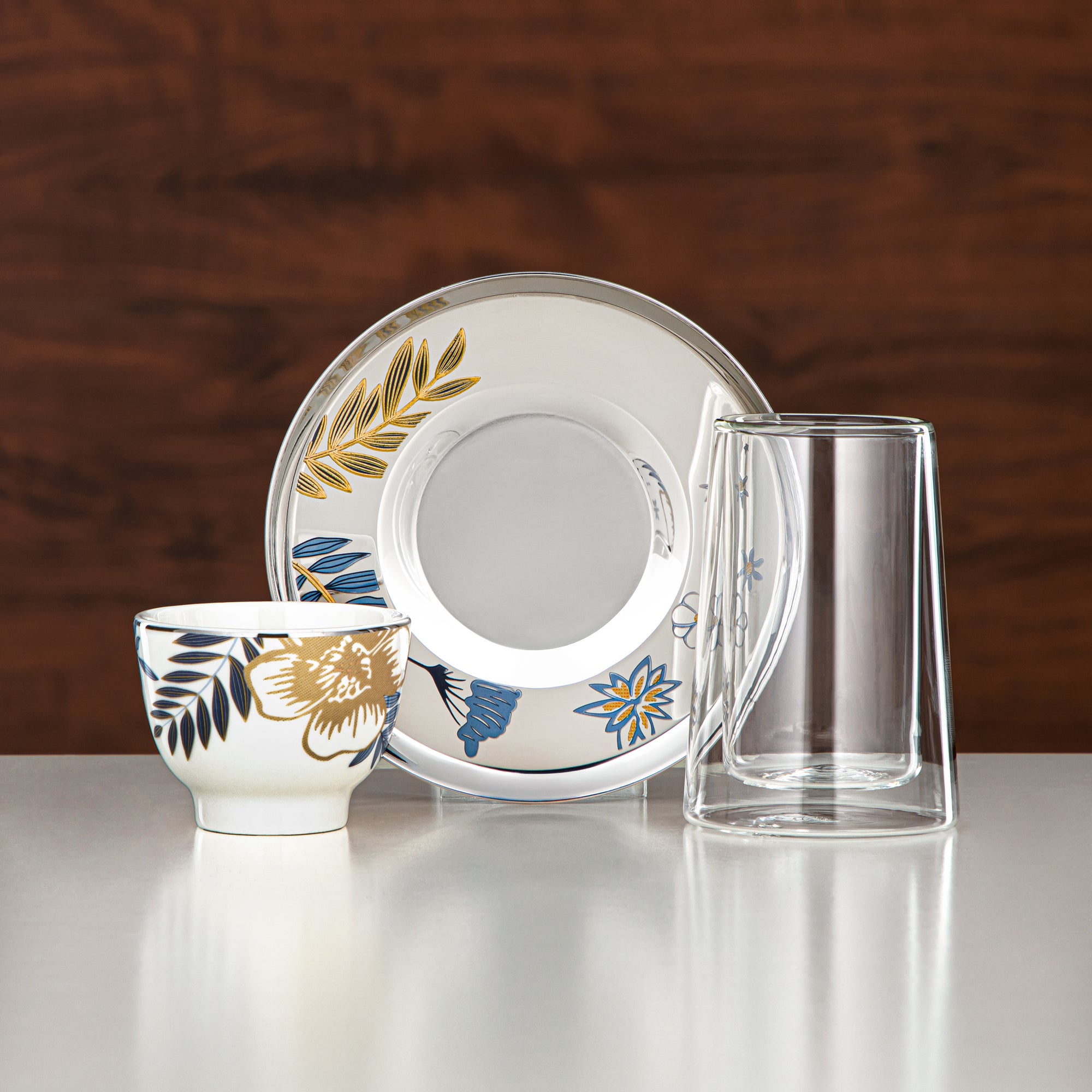 Almarjan Tea Set Double-Walled Borosilicate Glass, Stainless Steel & Porcelain 18 Pieces (18PCS-12196-3) – Blue Botanical Tea Collection