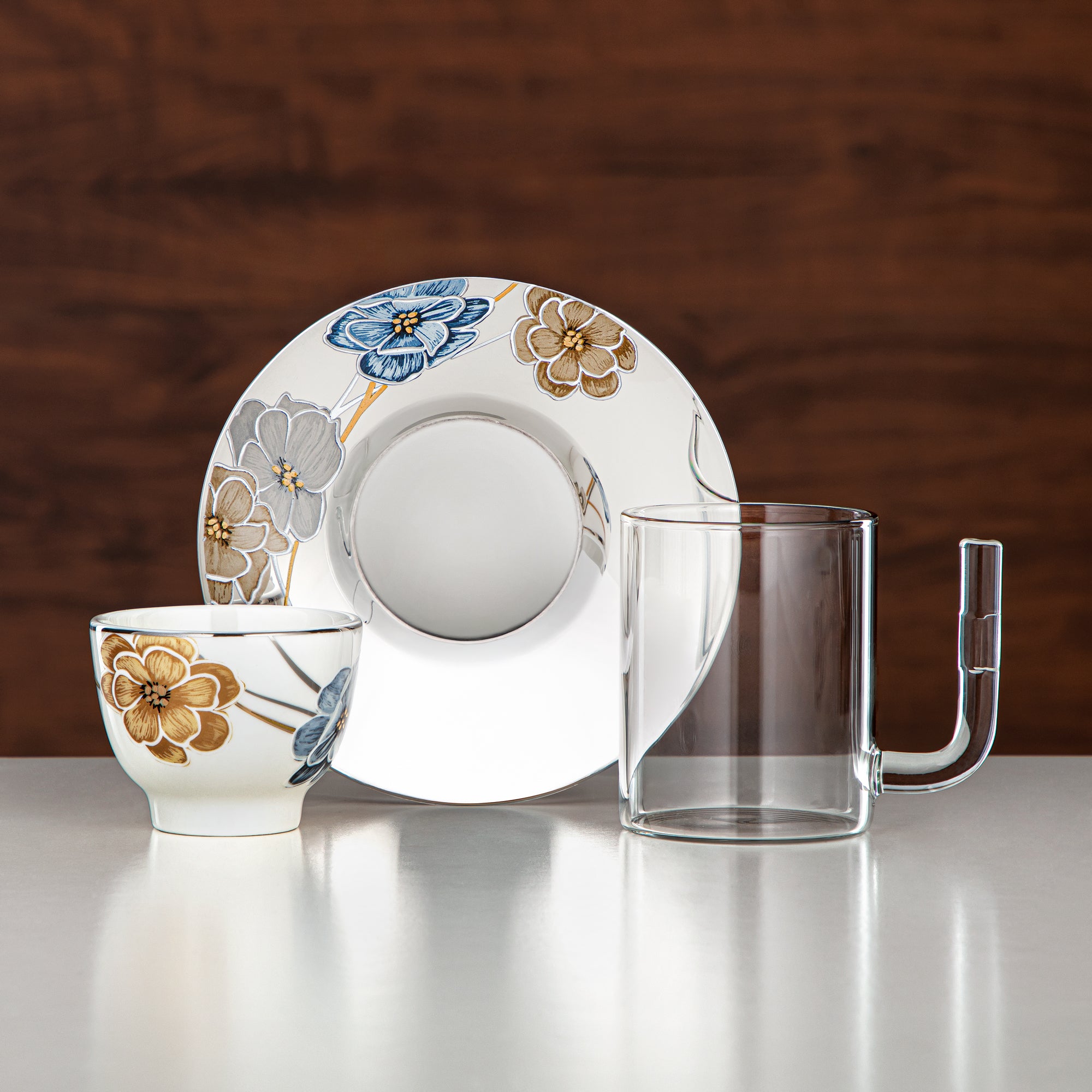 طقم ترامس المرجان 20 قطعة | فضي مطفي وذهبي مطفي 1 لتر + 1 لتر (GOK-S-MS-MG + 18PCS-12256-2) – تقديم أنيق | التجمعات، المناسبات الخاصة، رمضان، عيد