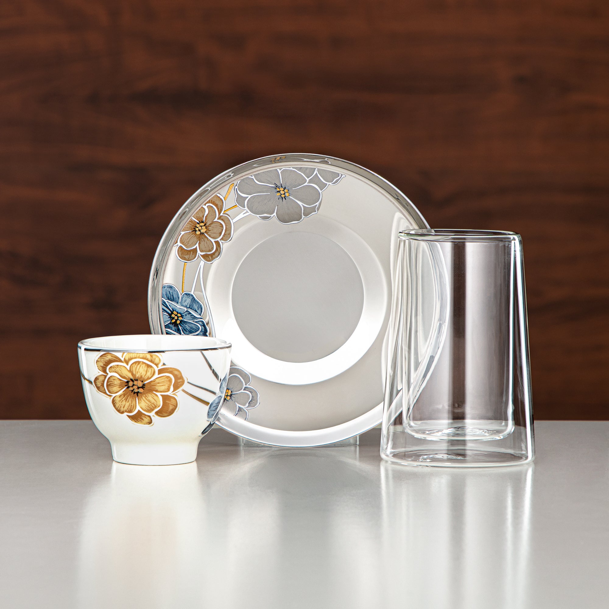 Almarjan Tea Set Double-Walled Borosilicate Glass, Stainless Steel & Porcelain 18 Pieces (18PCS-12256-3) – Modern Floral Tea Collection