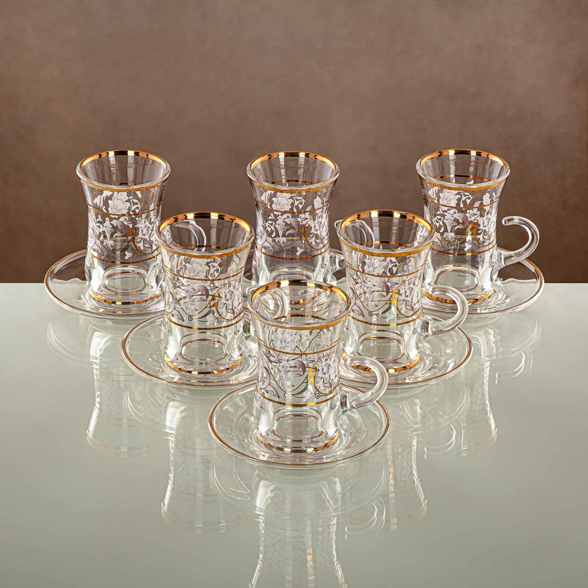 Almarjan Tea & Coffee Set 18 Pieces, Glass, Clear & Golden Pattern (18PCS SET-ZQDL) - Family Gatherings