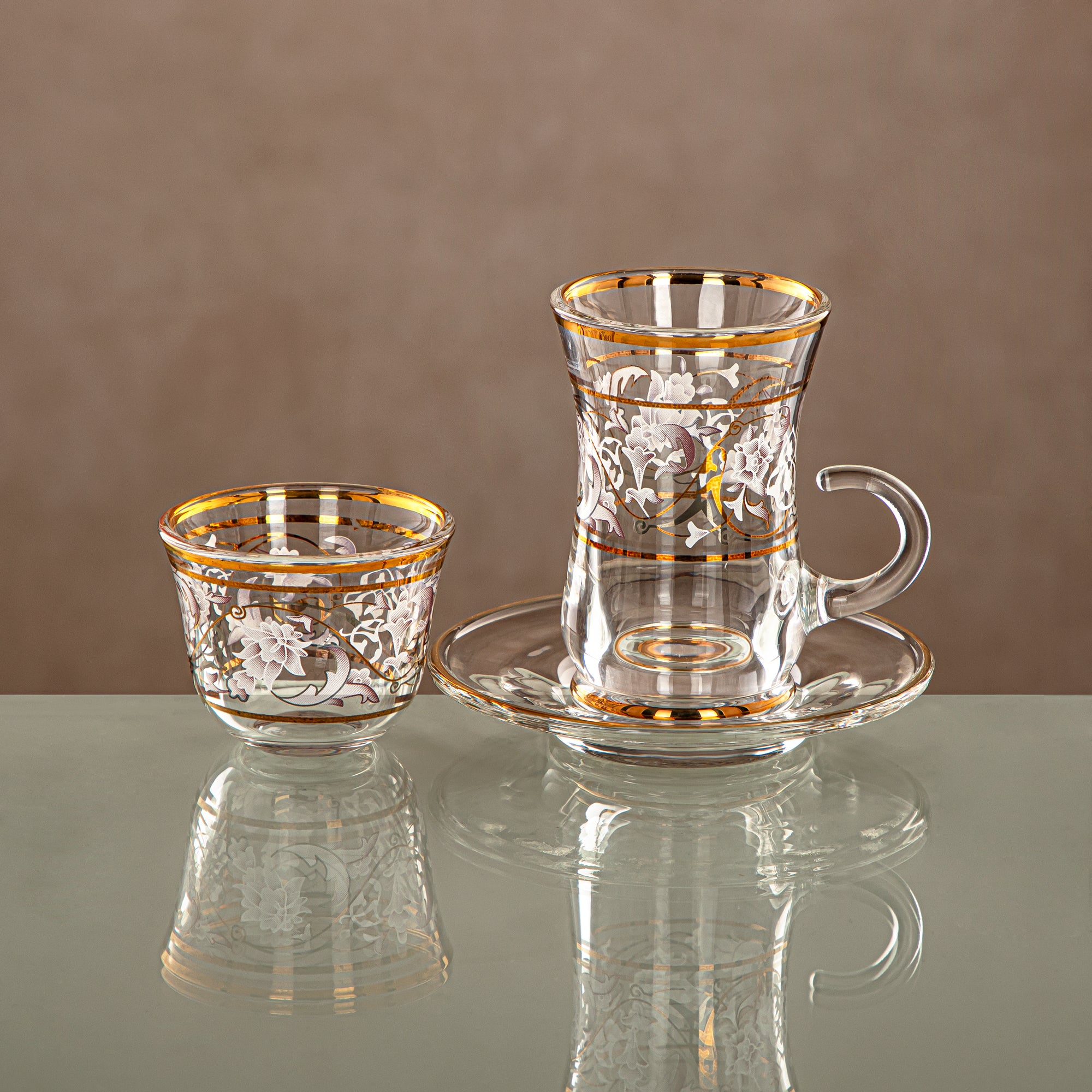 Almarjan Tea & Coffee Set 18 Pieces, Glass, Clear & Golden Pattern (18PCS SET-ZQDL) - Family Gatherings