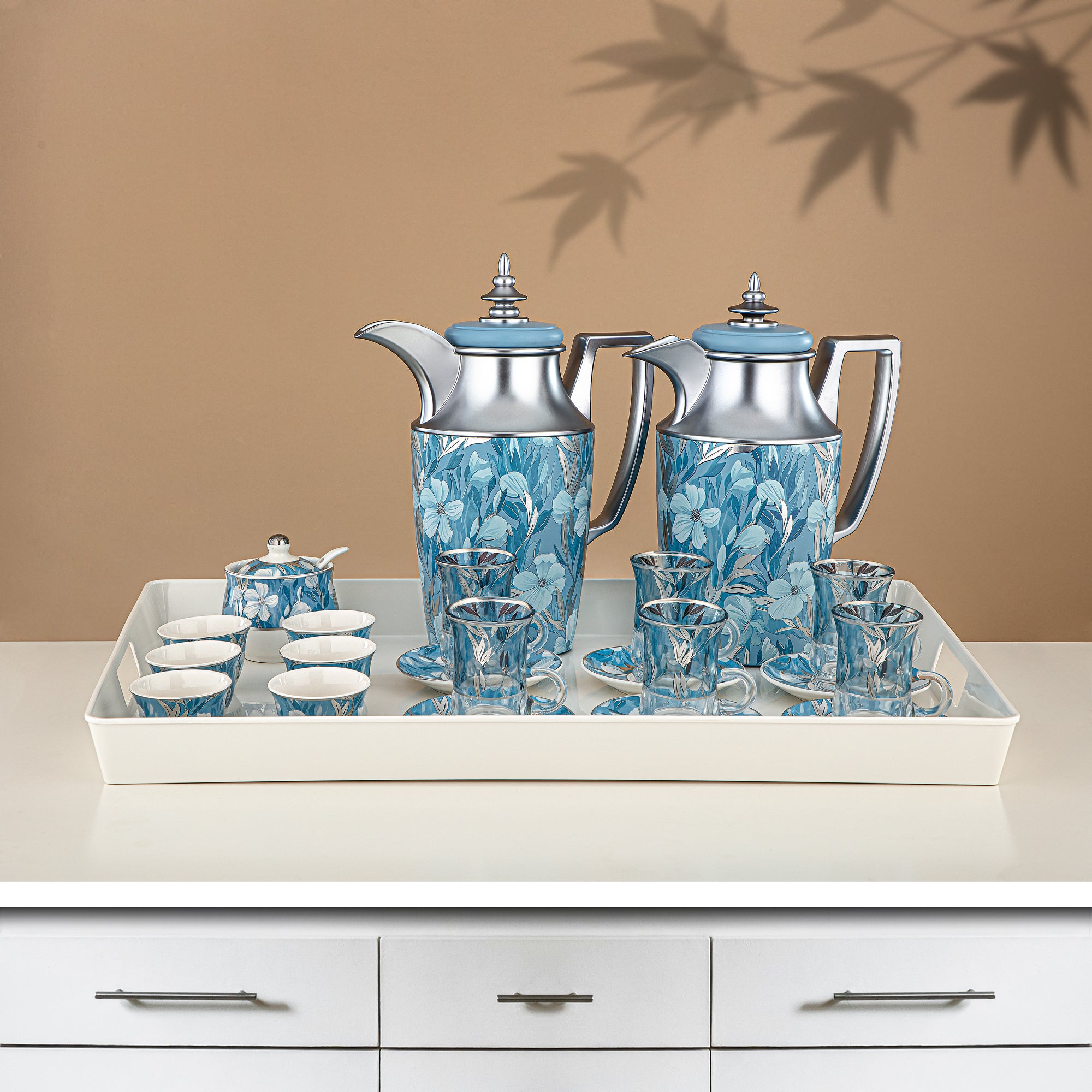 ألمرجان طقم ترامس 24 قطعة، 1 لتر + 1 لتر، مزهر ومطفي فضي (24-JBH-TR-AZ01S) - طقم الشاي والقهوة الكامل