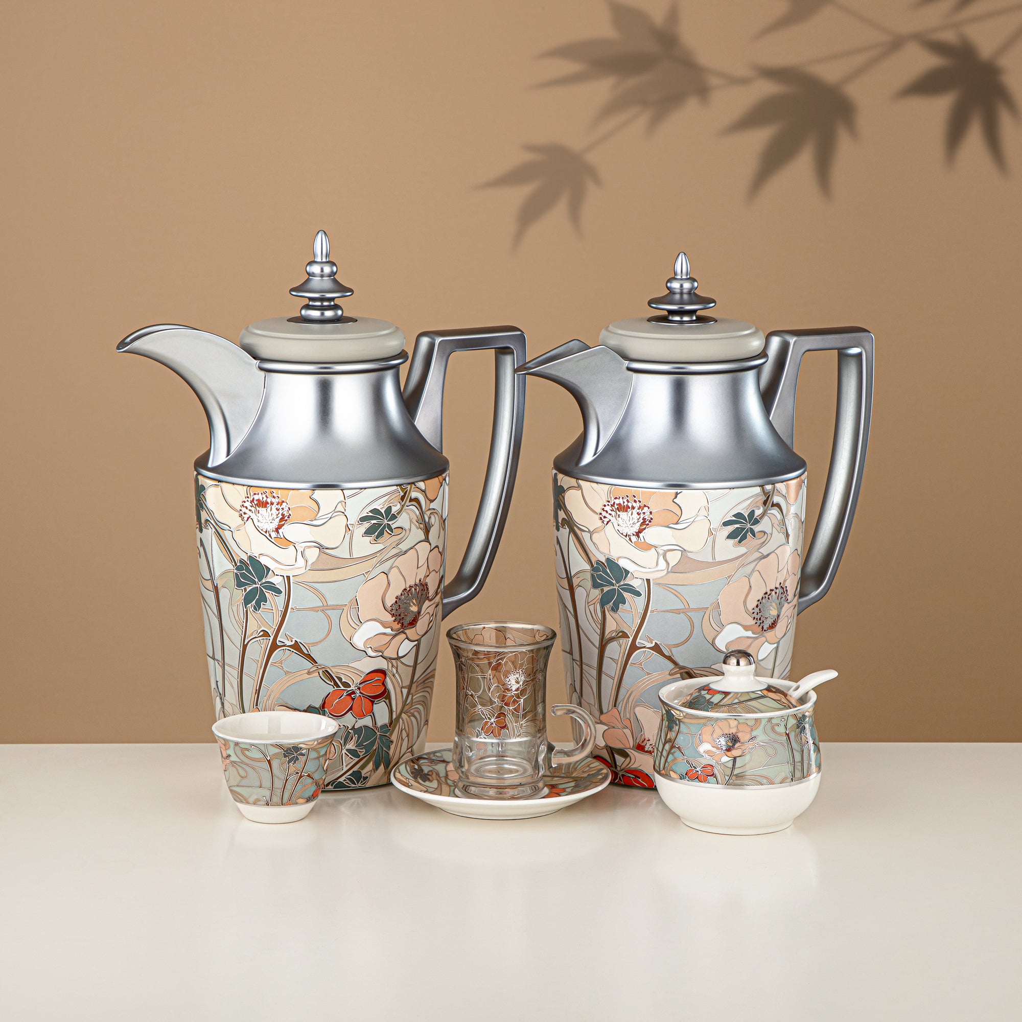 مجموعة طقم ترامس 24 قطعة، 1 لتر + 1 لتر، مزهر ومطفي فضي (24-JBH-TR-AZ02S) - مجموعة الشاي والقهوة الكاملة