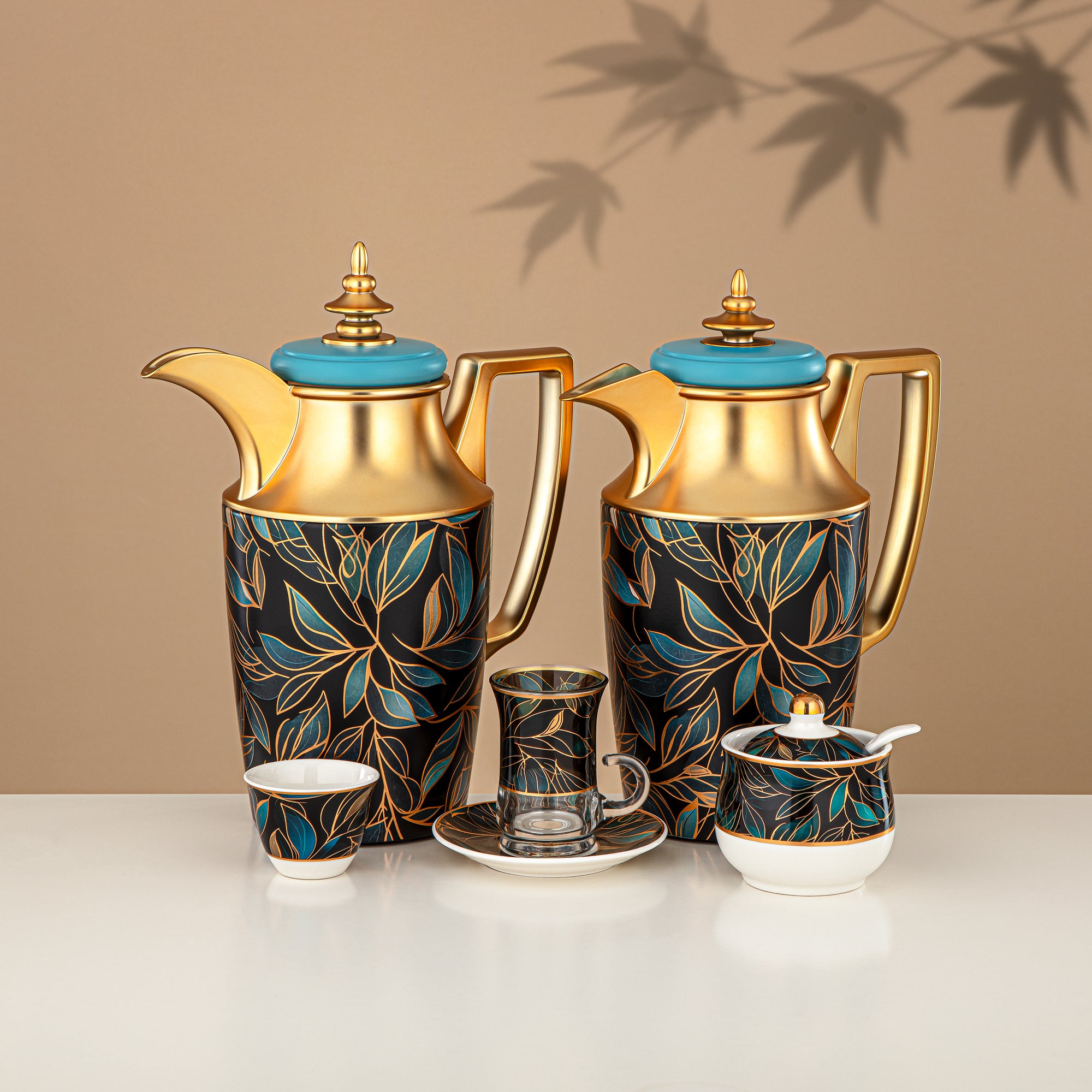 مجموعة طقم ترامس 24 قطعة، 1 لتر + 1 لتر، زهور وذهب مطفي (24-JBH-TR-AZ03G) - مجموعة الشاي والقهوة الكاملة