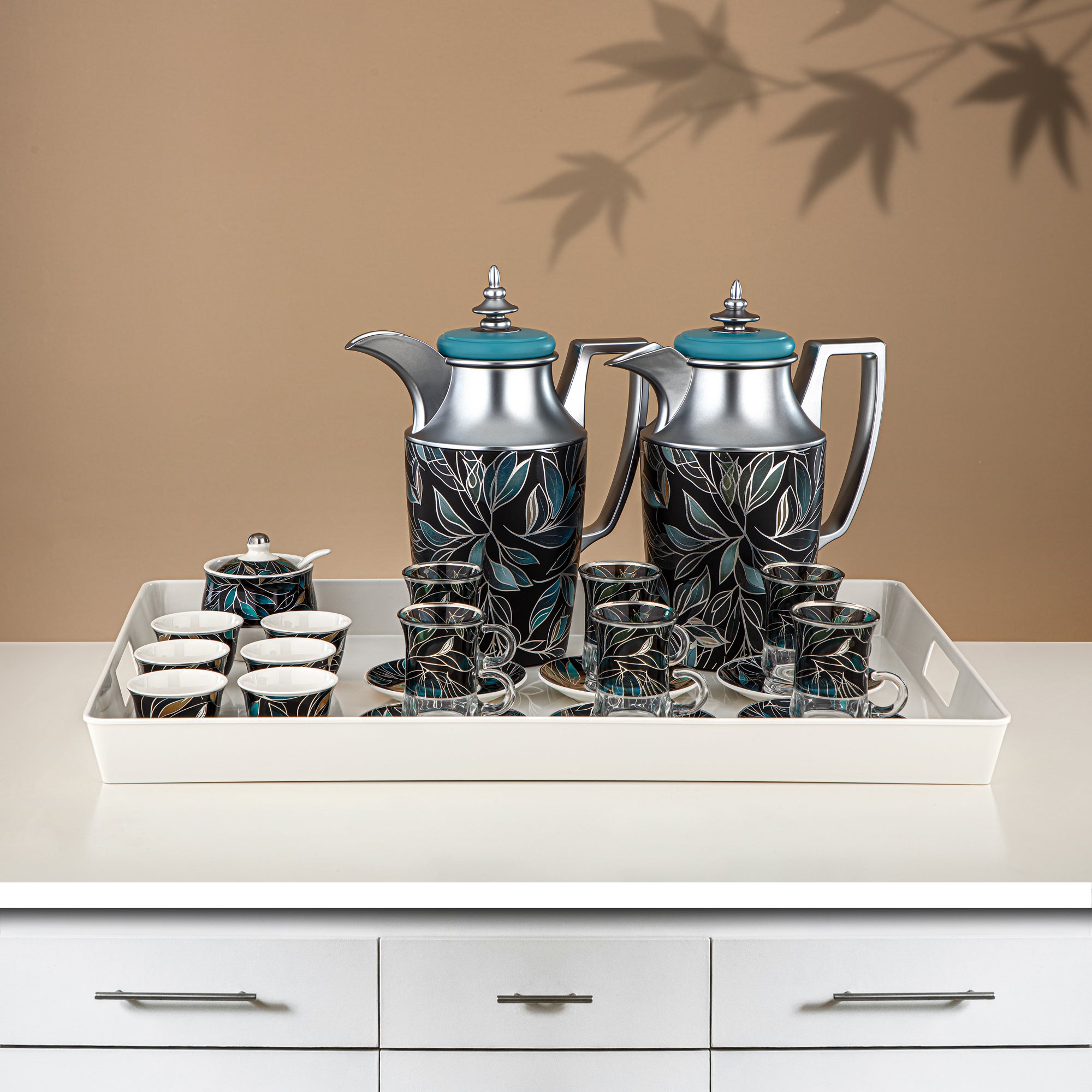 ألمرجان طقم ترامس 24 قطعة، 1 لتر + 1 لتر، مزهر ومطفي فضي (24-JBH-TR-AZ03S) - طقم الشاي والقهوة الكامل