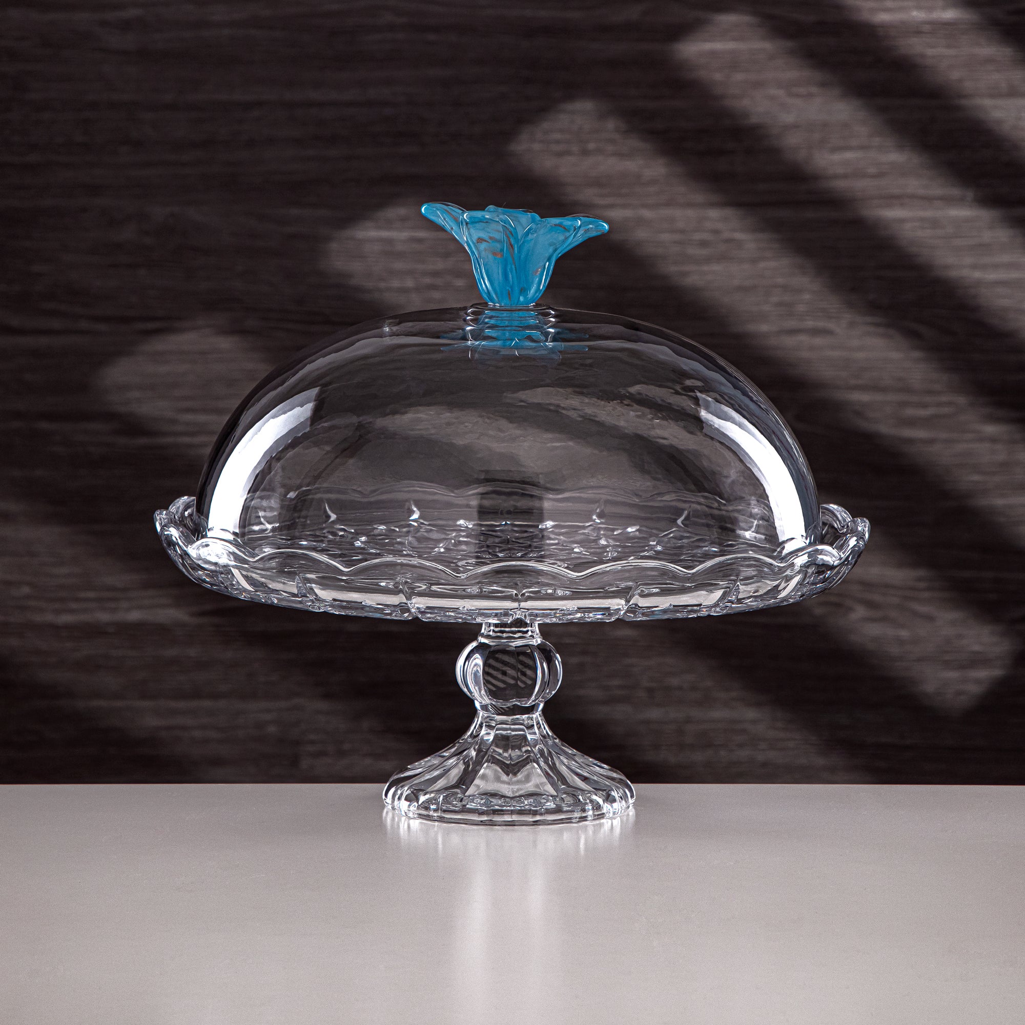 Almarjan Cake Stand Glass Round Clear with Blue Flower