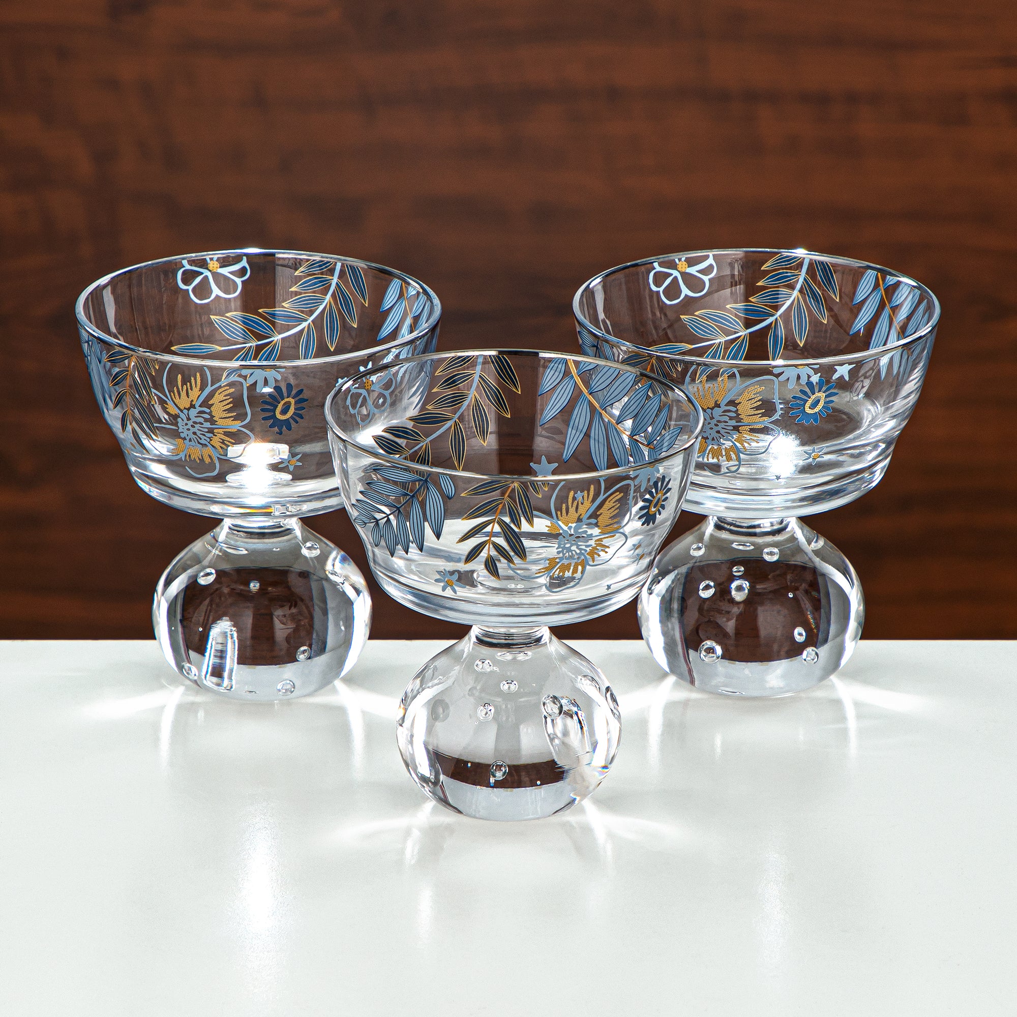 مجموعة أكواب آيس كريم المرجان زجاج مطبوع 3 قطع (8387-5-12196) – مجموعة الحلويات النباتية الزرقاء