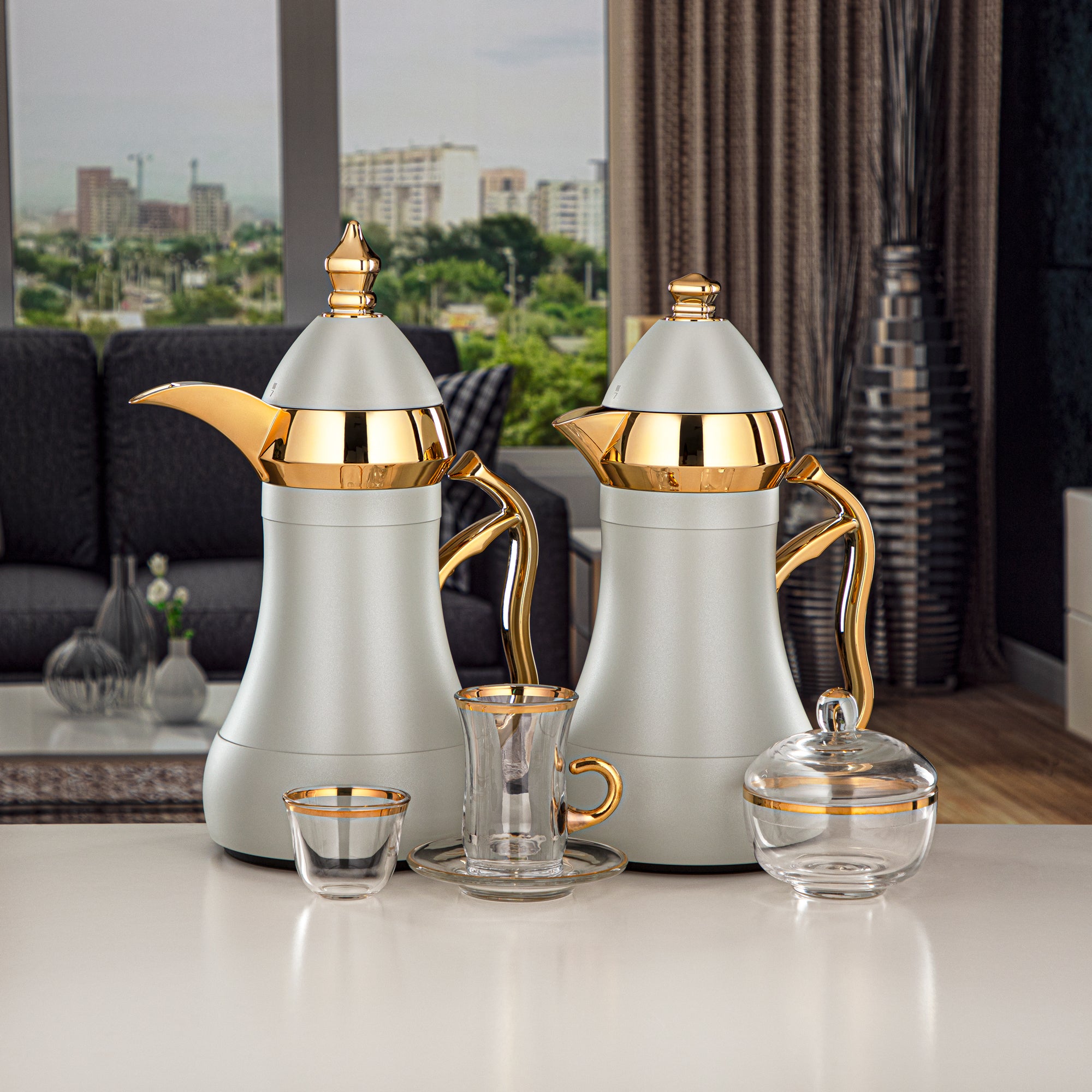 Almarjan Vacuum Flask Set 22 Pieces ABS 0.7L + 0.95L, Sage Green & Gold (AMJ Tea Set-4) - Coffee & Tea Rituals