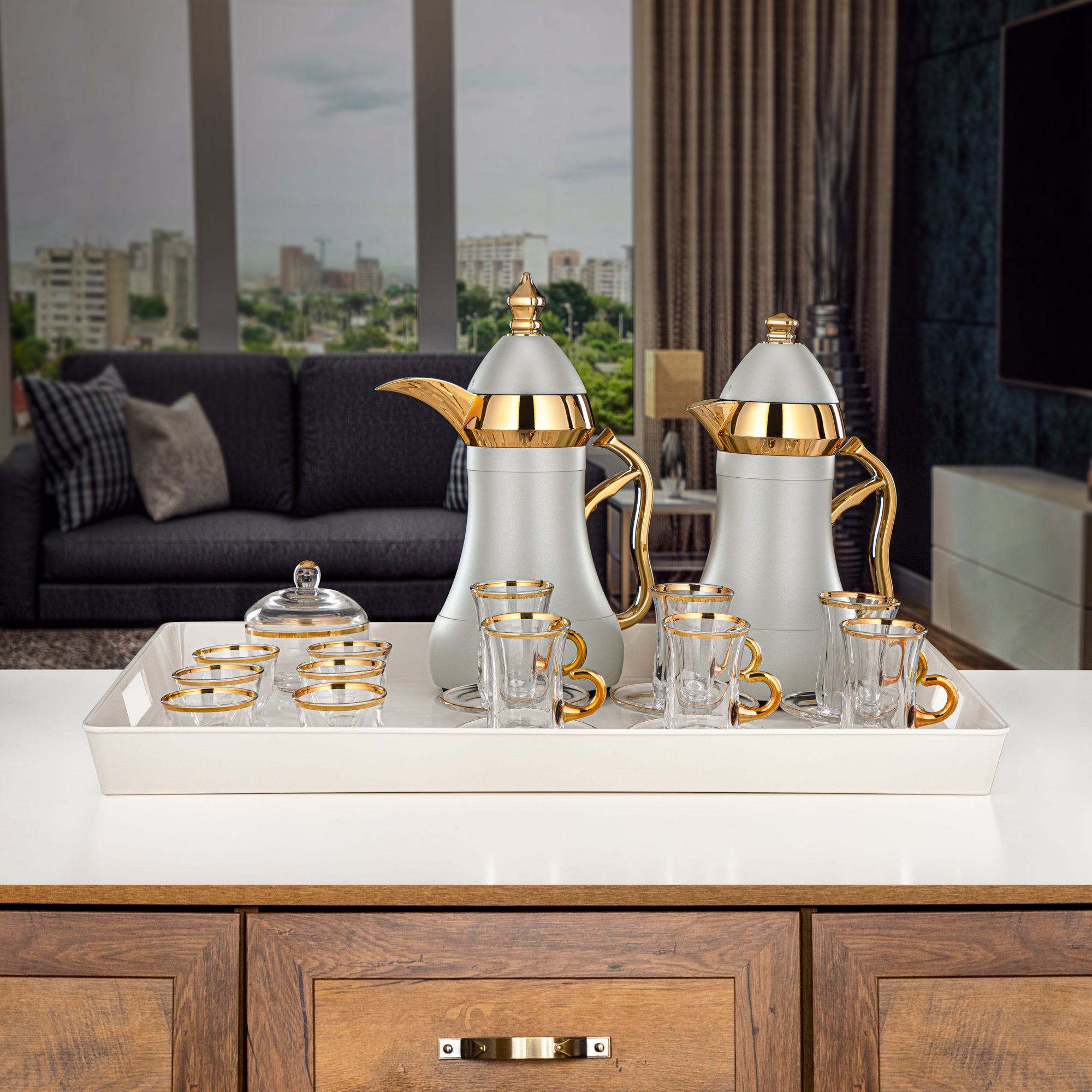 Almarjan Vacuum Flask Set 22 Pieces ABS 0.7L + 0.95L, Sage Green & Gold (AMJ Tea Set-4) - Coffee & Tea Rituals