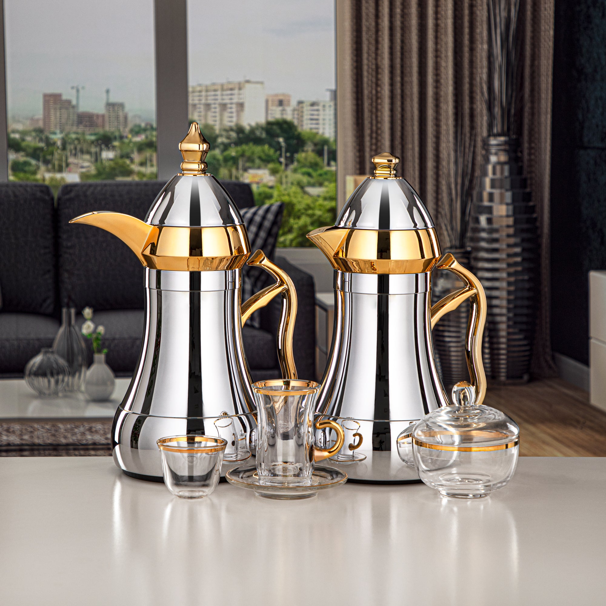 Almarjan Vacuum Flask Set 22 Pieces ABS 0.7L + 0.95L, Silver & Gold (AMJ Tea Set-5) - Coffee & Tea Rituals