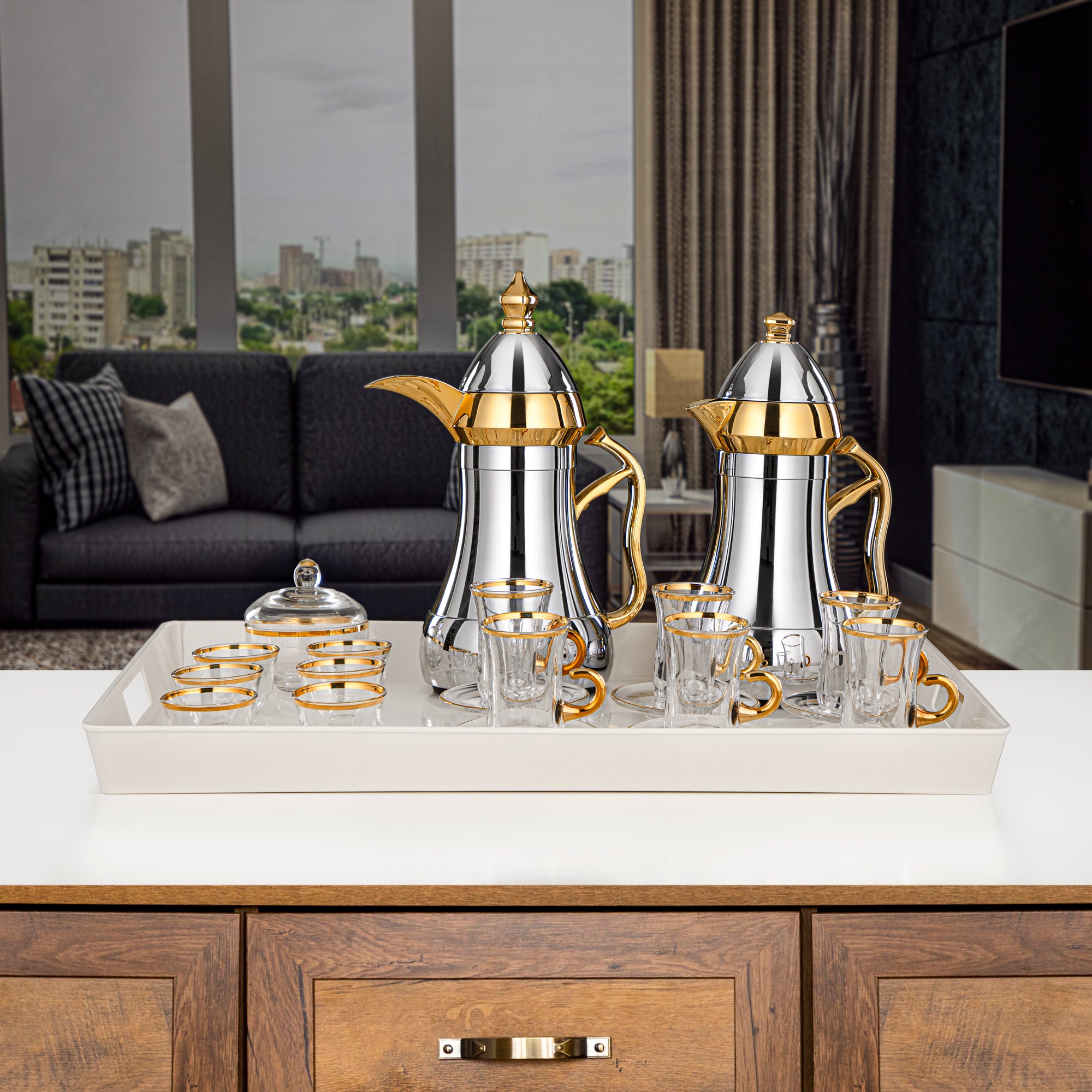 Almarjan Vacuum Flask Set 22 Pieces ABS 0.7L + 0.95L, Silver & Gold (AMJ Tea Set-5) - Coffee & Tea Rituals