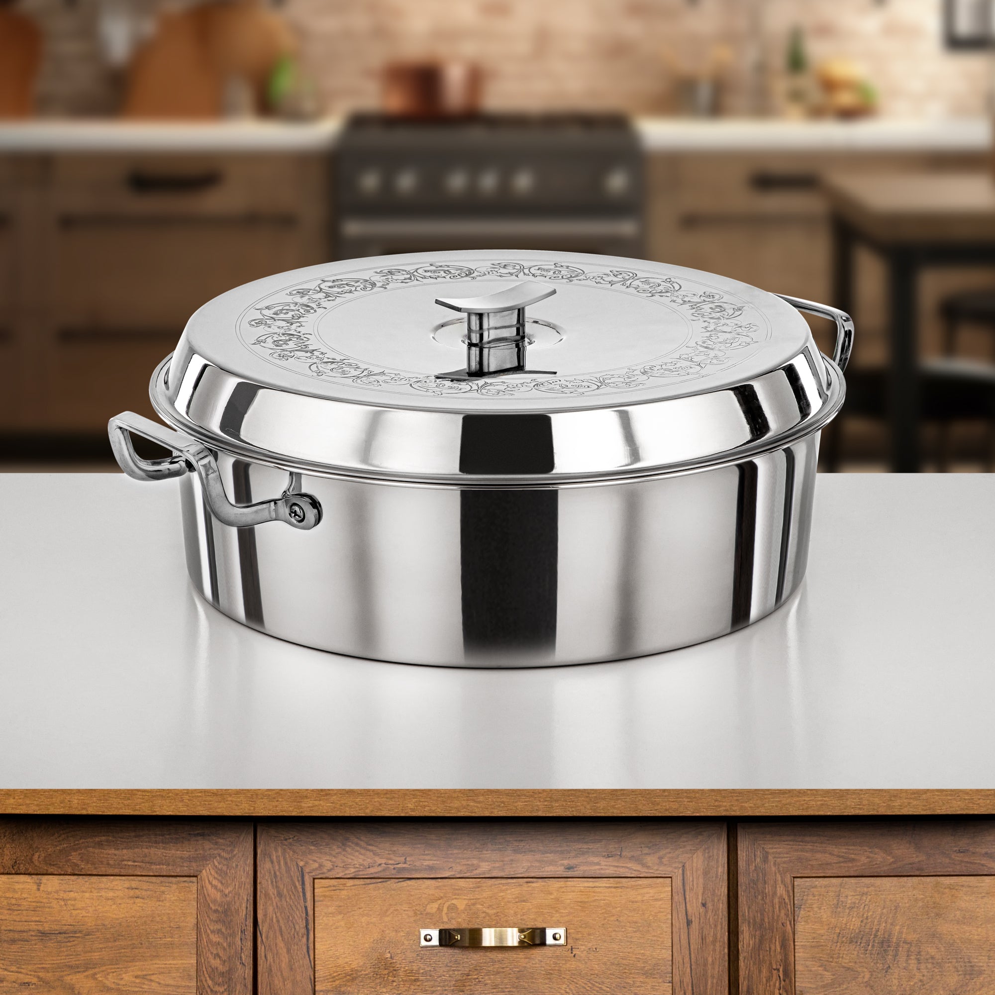 Almarjan Hot Pot Set Stainless Steel Silver Etched Cover 2-Piece 4800ml & 6000ml (H25P9) – Badr Collection | Exquisite Serveware