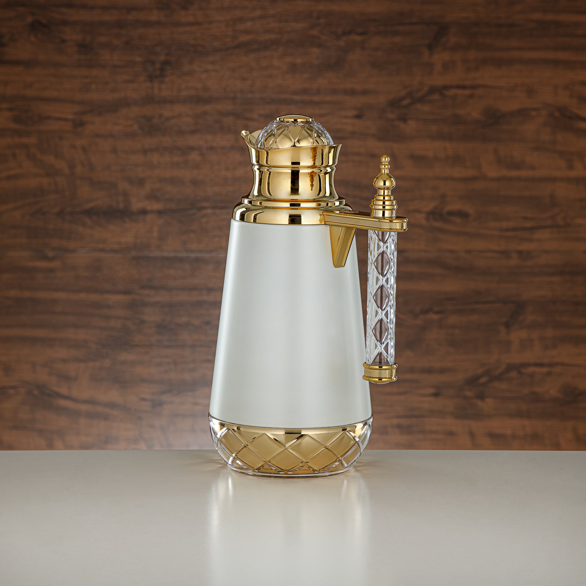 Almarjan Vacuum Flask Set, Push Button, Acrylic Handle - 0.7L + 1L, White & Gold (CBY+CBZ-WCG) - Classic Vacuum Flasks