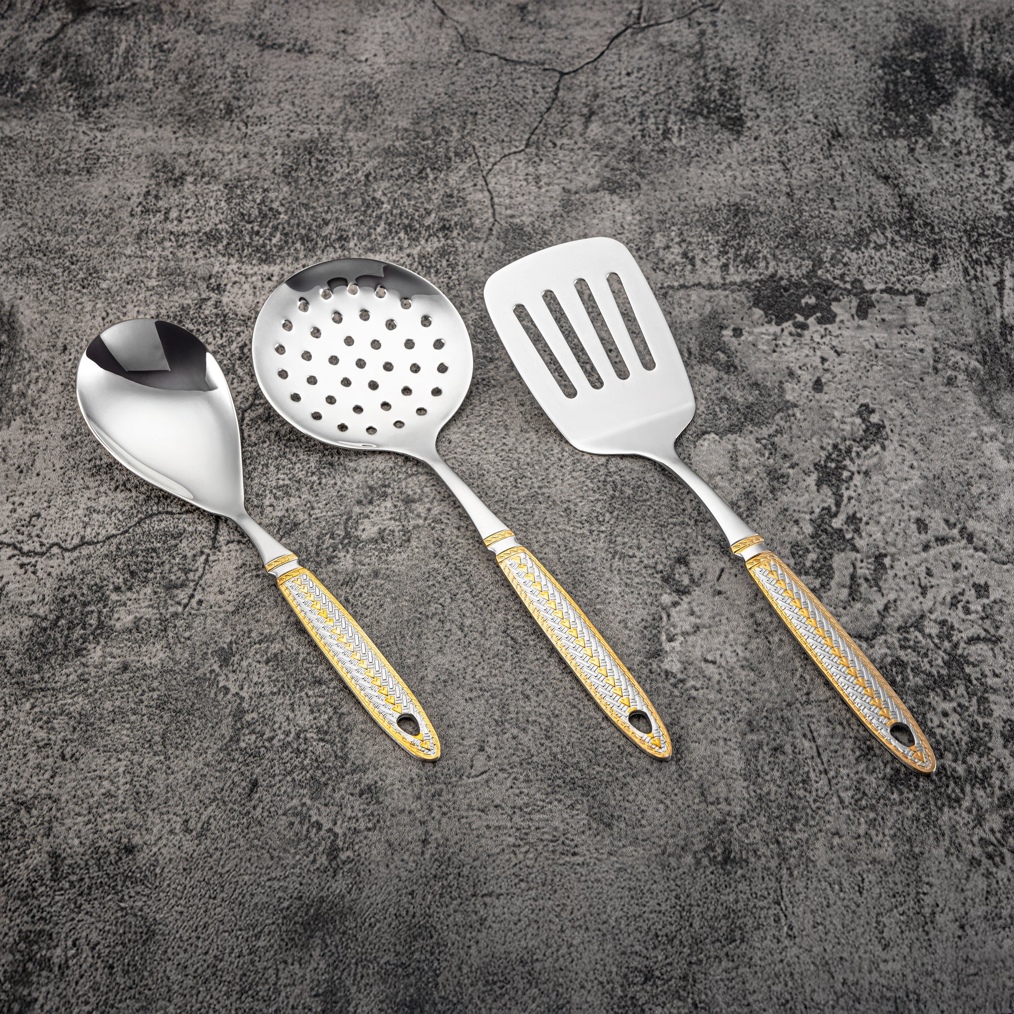 Almarjan Kitchen Tool Set 7 Pieces, Stainless Steel, With Stand, Silver & Gold (CUT0010470) Elegant Flatware