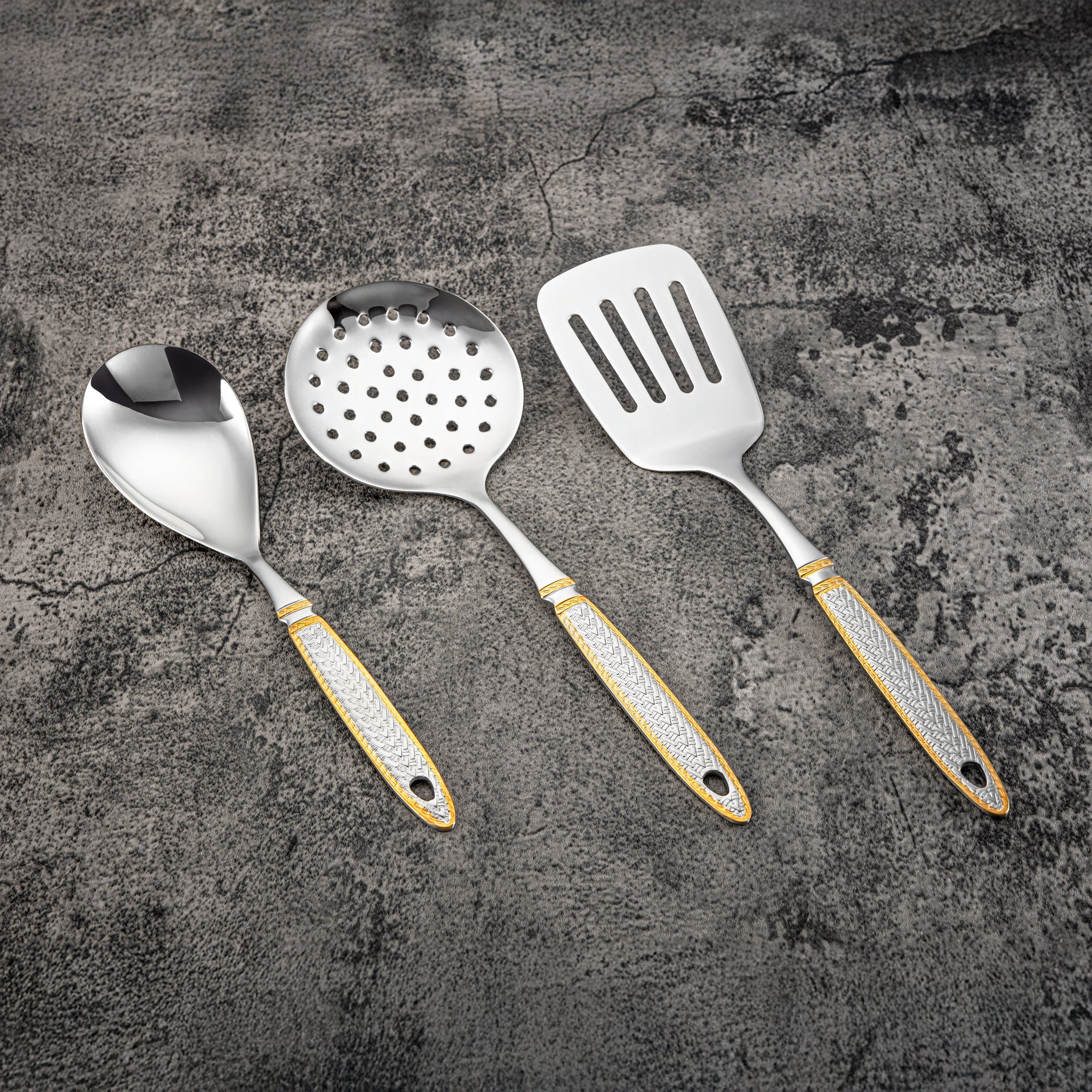 طقم أدوات مطبخ المرجان 7 قطع، ستانلس ستيل، مع حامل، فضي وذهبي (CUT0010471) أدوات مائدة أنيقة