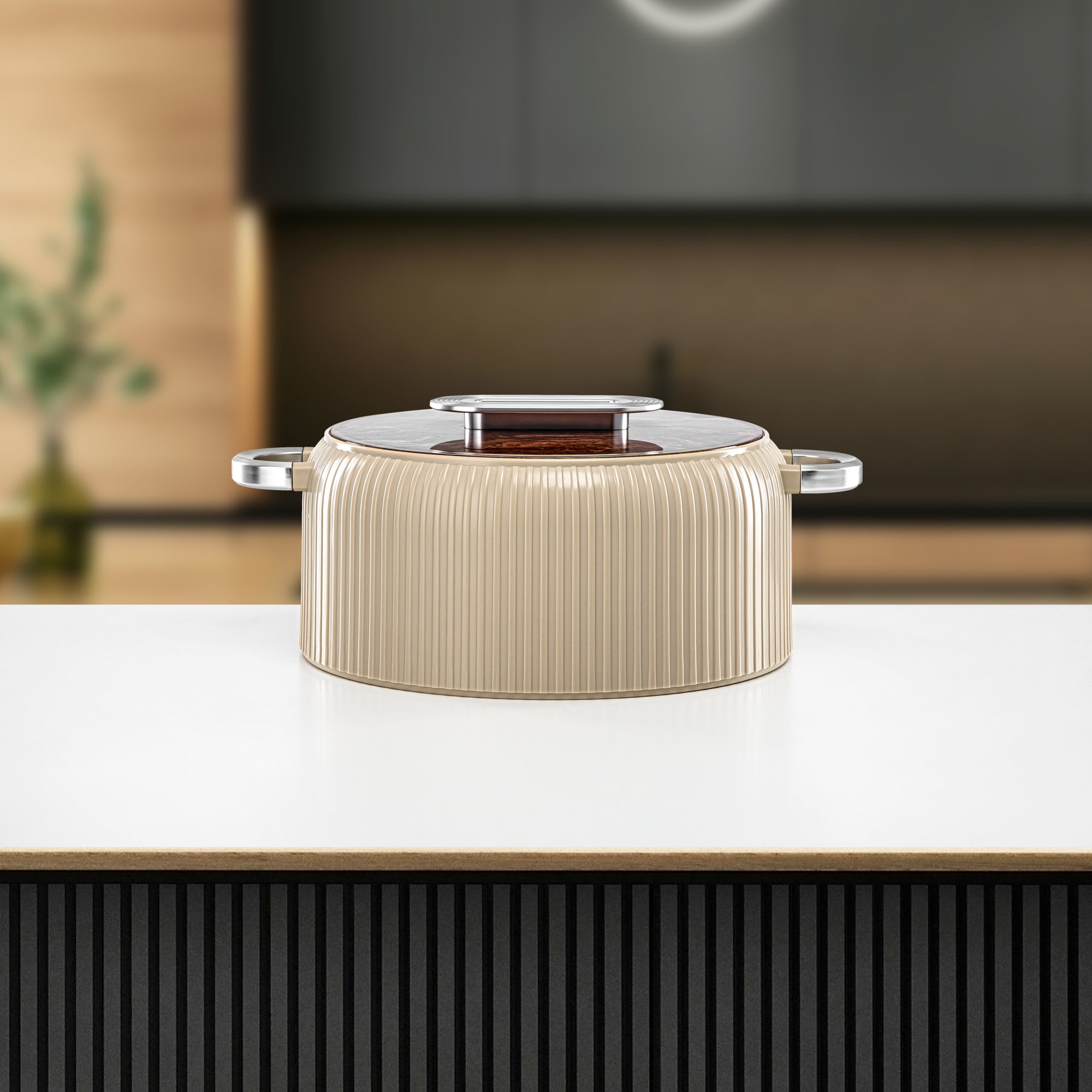 Almarjan Hot Pot Plastic, Set of 3 Pieces, Beige & Silver, 2000ML + 4000ML + 6500ML (EK-200/400/650 BR/MC) Ramadan Serveware