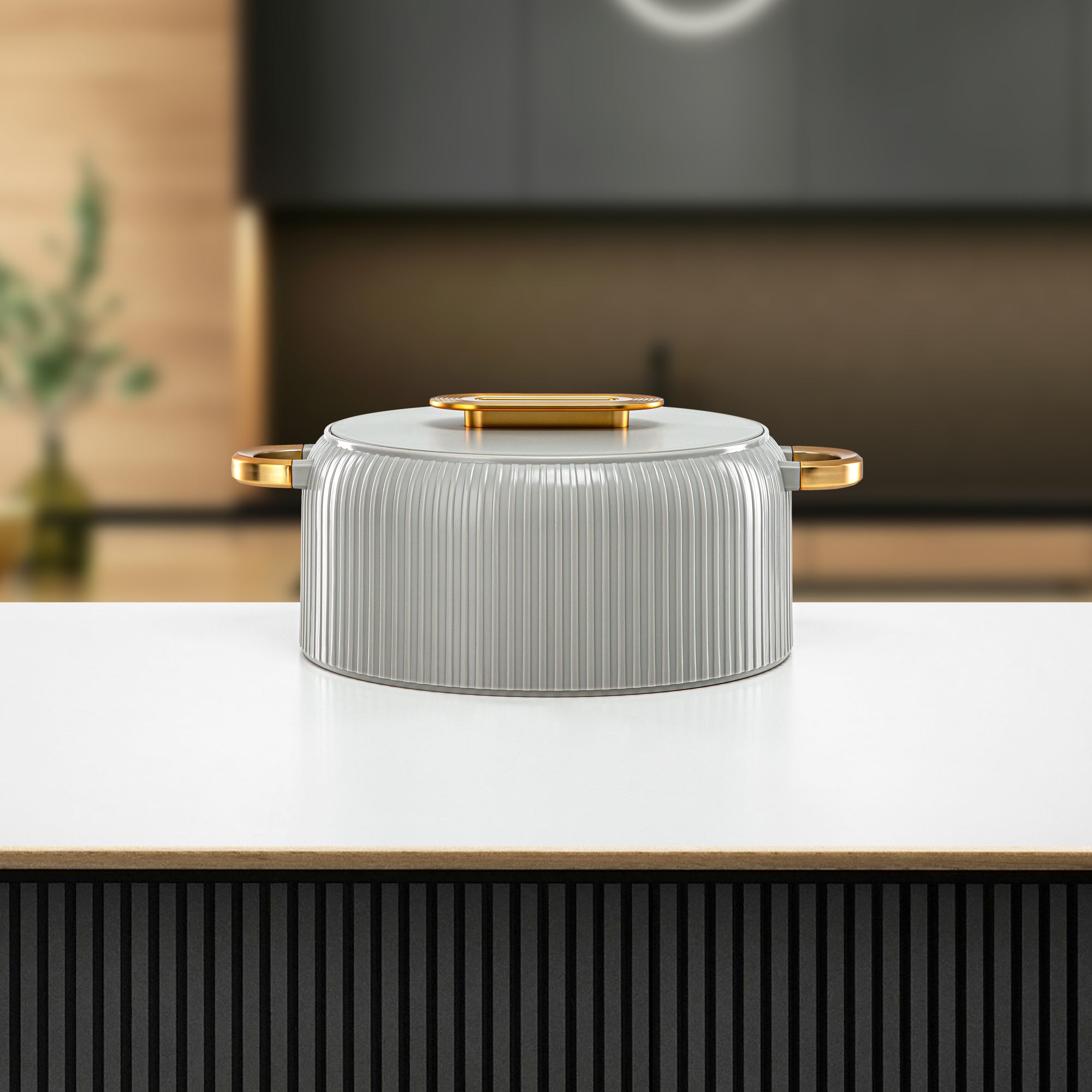 Almarjan Hot Pot Plastic, Set of 3 Pieces, Soft Grey & Gold, 2000ML + 4000ML + 6500ML (EK-200/400/650 MSG/MG) Ramadan Serveware