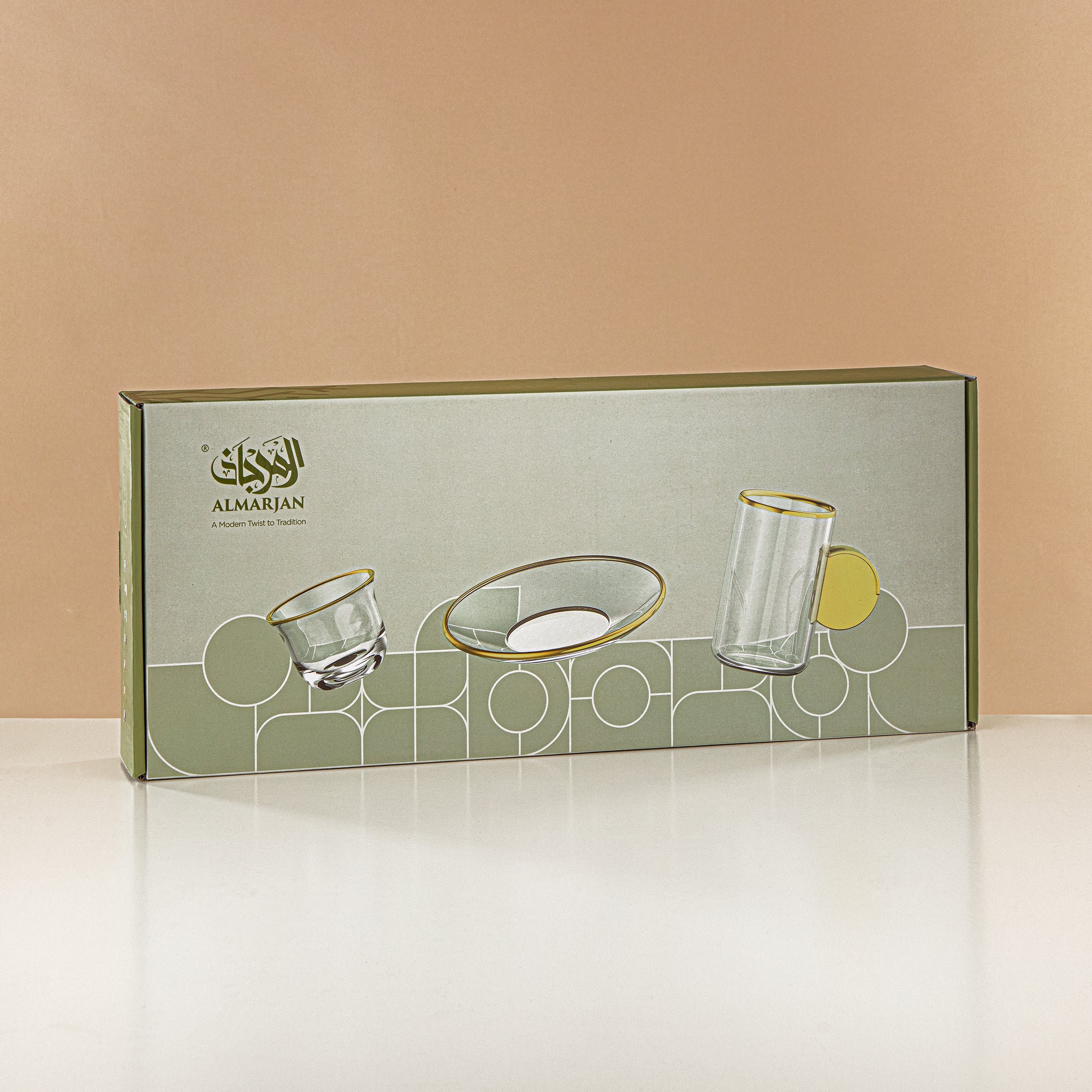 Almarjan Tea & Coffee Set 18 Pieces, Glass, Ivory Rim & Handle (FB808-18 ALLIV) - Elegant Serveware for Tea & Coffee