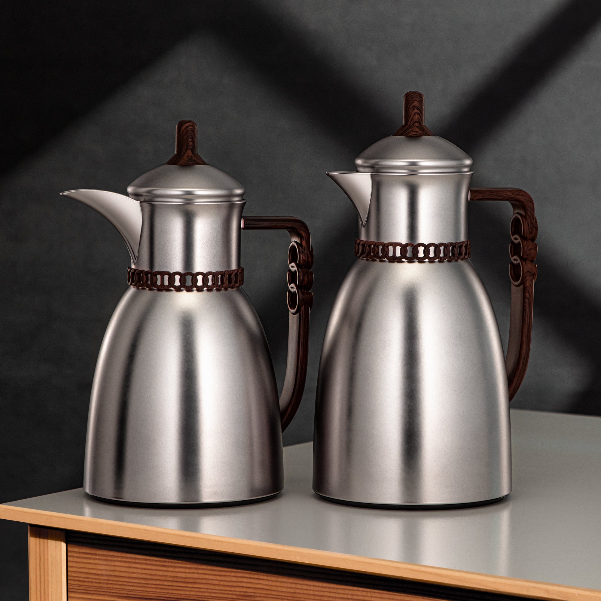 Almarjan Vacuum Flask Set 0.7L & 1L Matt Nickel & Dark Wood