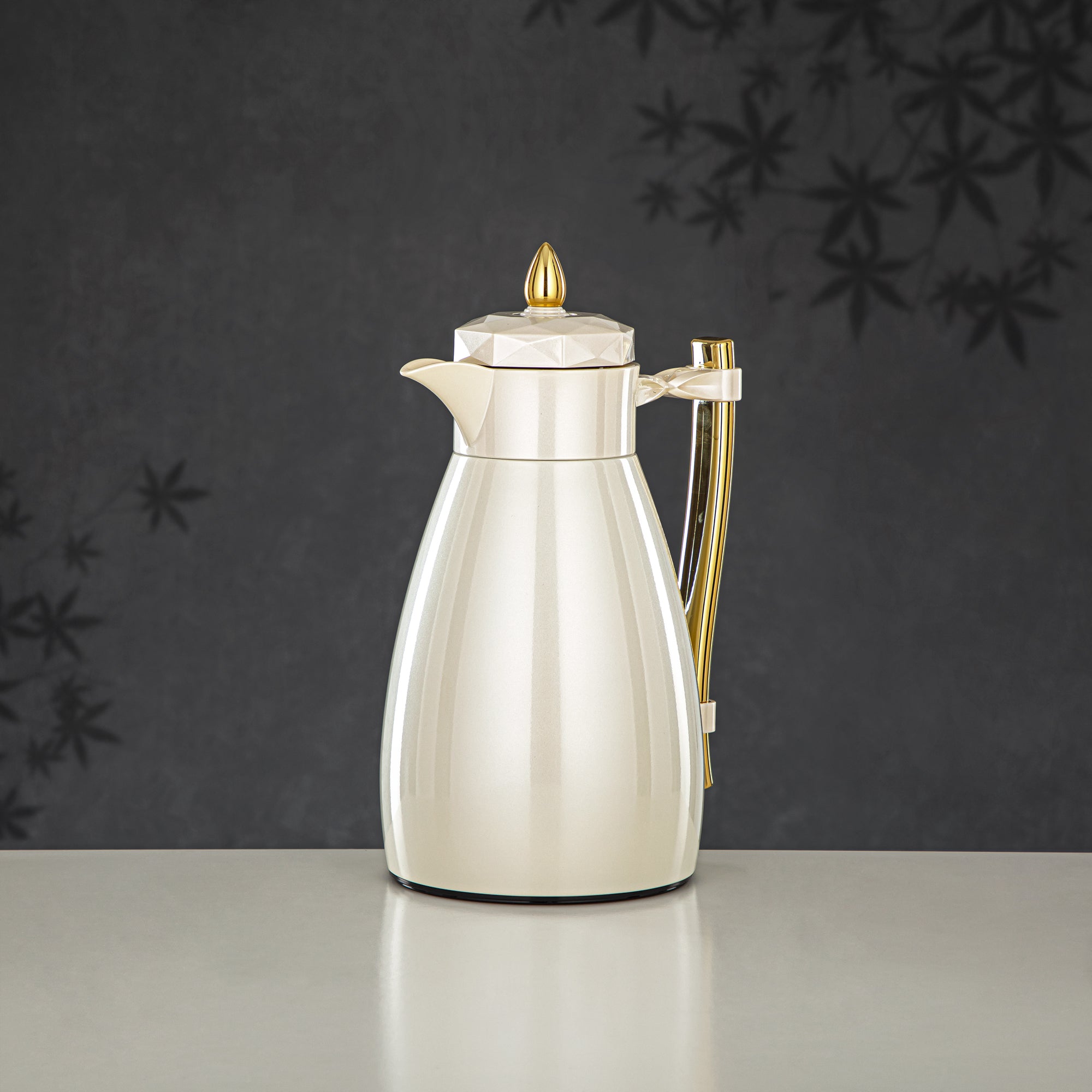 Almarjan Vacuum Flask Set, Push Button - 1L + 1L, Pearl White & Gold (FG806AB-100 PW/G) - Tea & Coffee Tradition