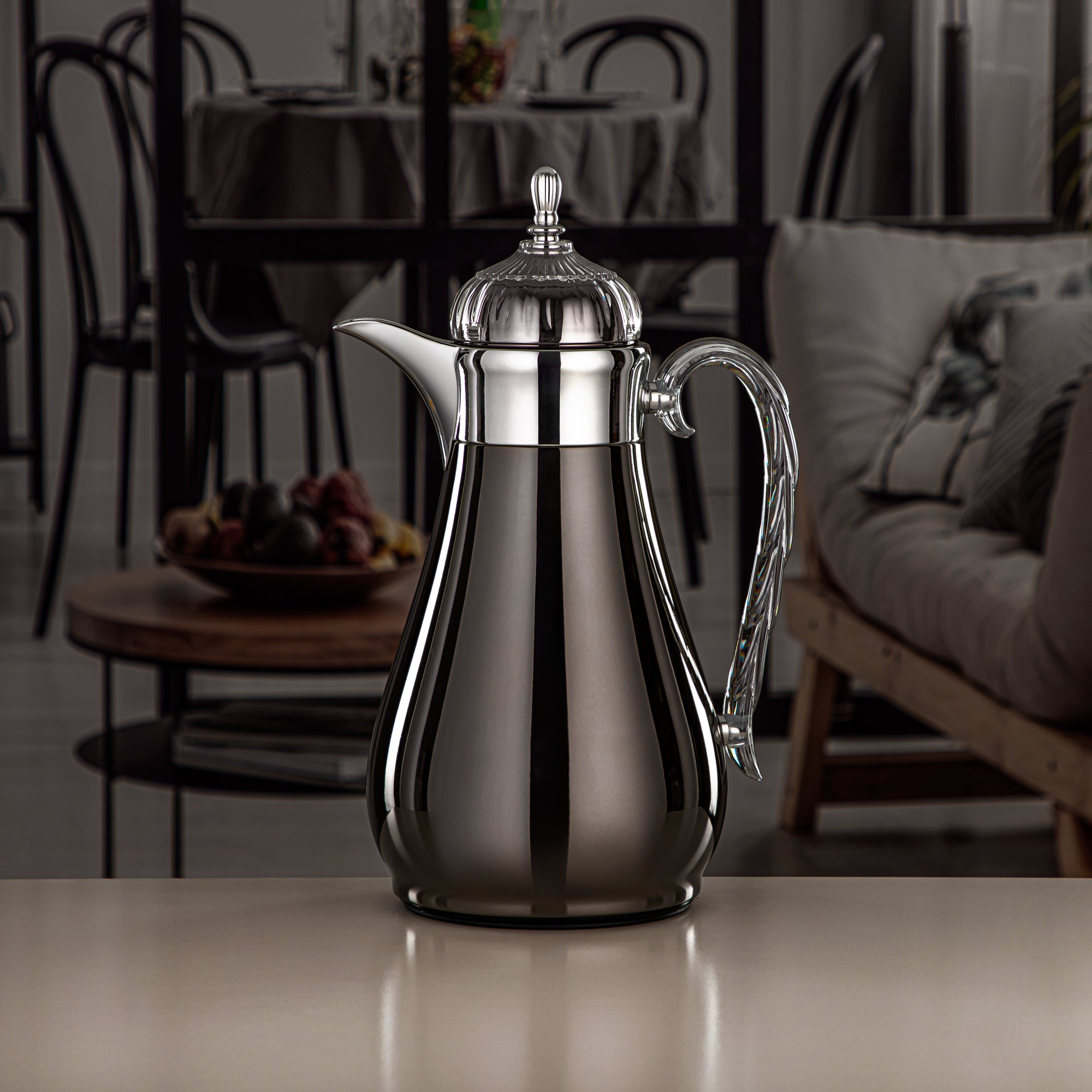 Almarjan Vacuum Flask Set, Push Button, 0.7L + 1L, Gun Black, Silver & Transparent (FG810-070/100 GB/C) - Elegant Vacuum Flask Sets