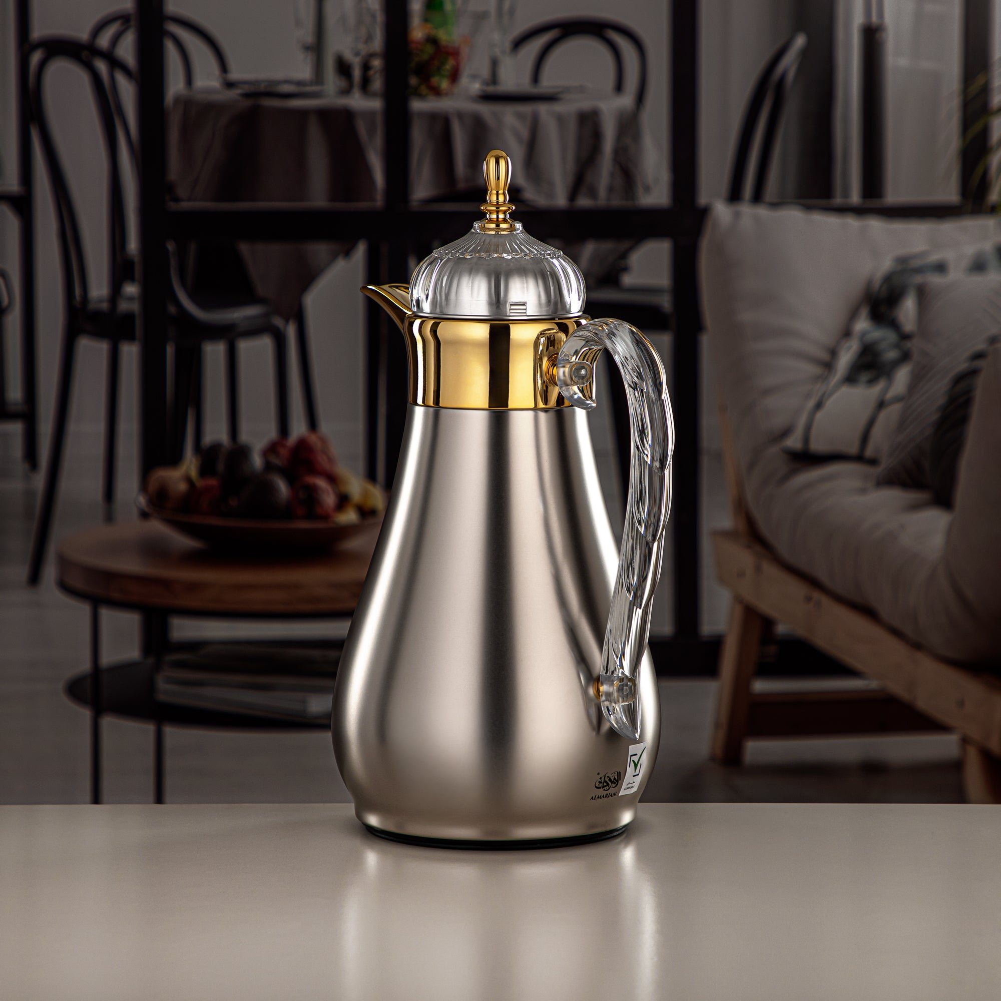 ألمرجان طقم ترامس، زر ضغط، 0.7 لتر + 1 لتر، فضي غير لامع، ذهبي وشفاف (FG810-070/100 MC/G) - مجموعات ترمس أنيقة