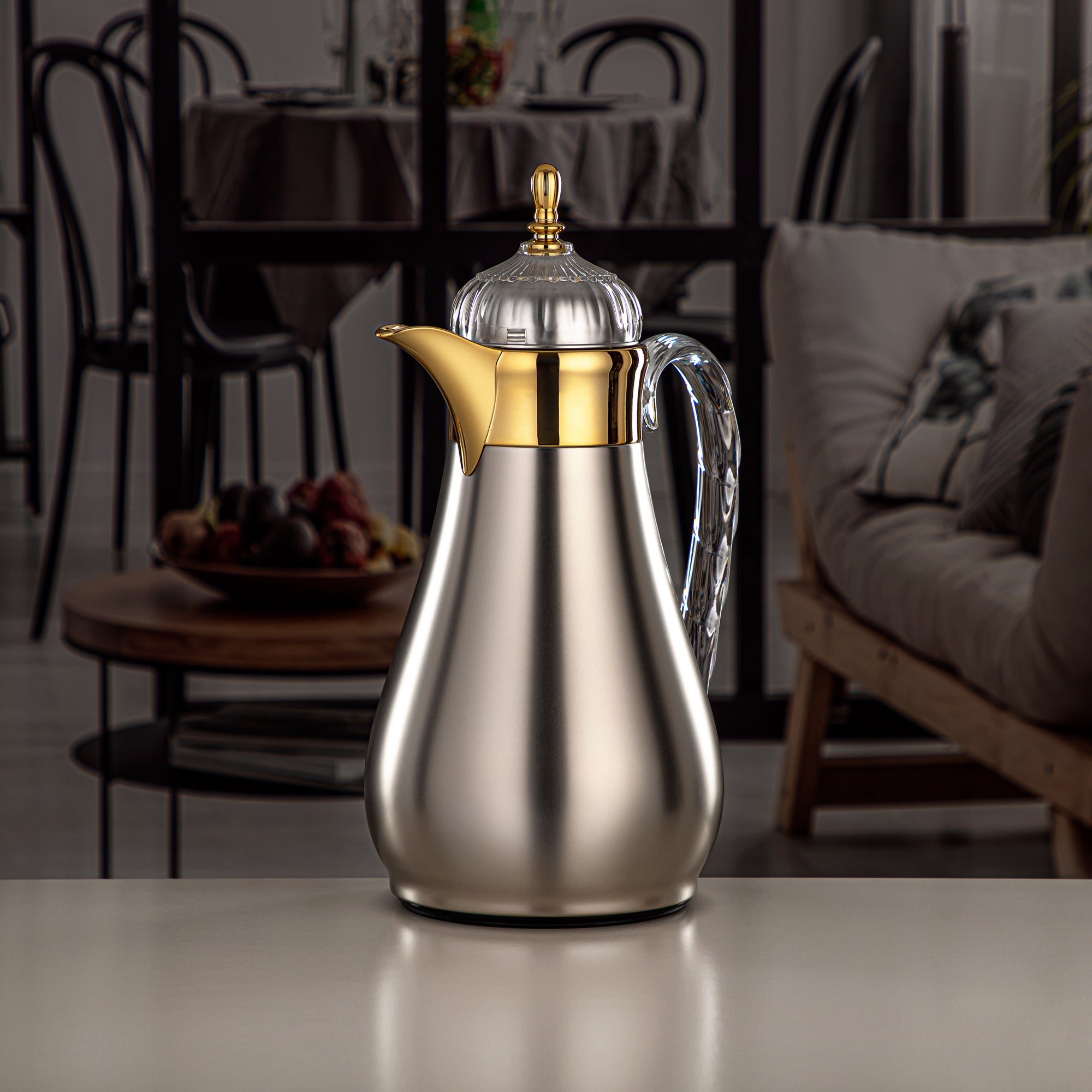 ألمرجان طقم ترامس، زر ضغط، 0.7 لتر + 1 لتر، فضي غير لامع، ذهبي وشفاف (FG810-070/100 MC/G) - مجموعات ترمس أنيقة