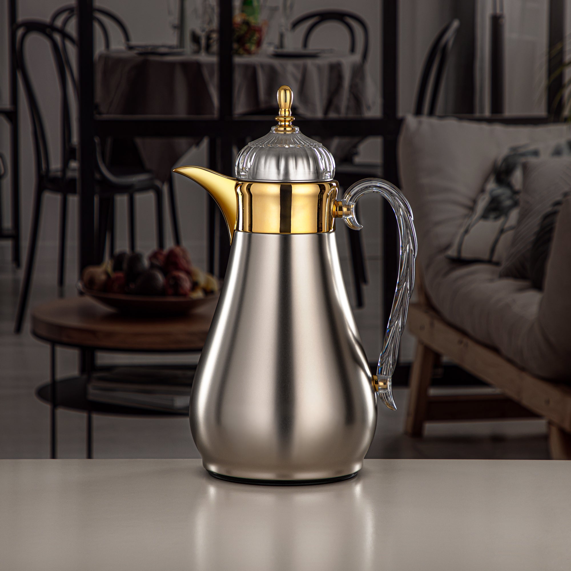 ألمرجان طقم ترامس، زر ضغط، 0.7 لتر + 1 لتر، فضي غير لامع، ذهبي وشفاف (FG810-070/100 MC/G) - مجموعات ترمس أنيقة