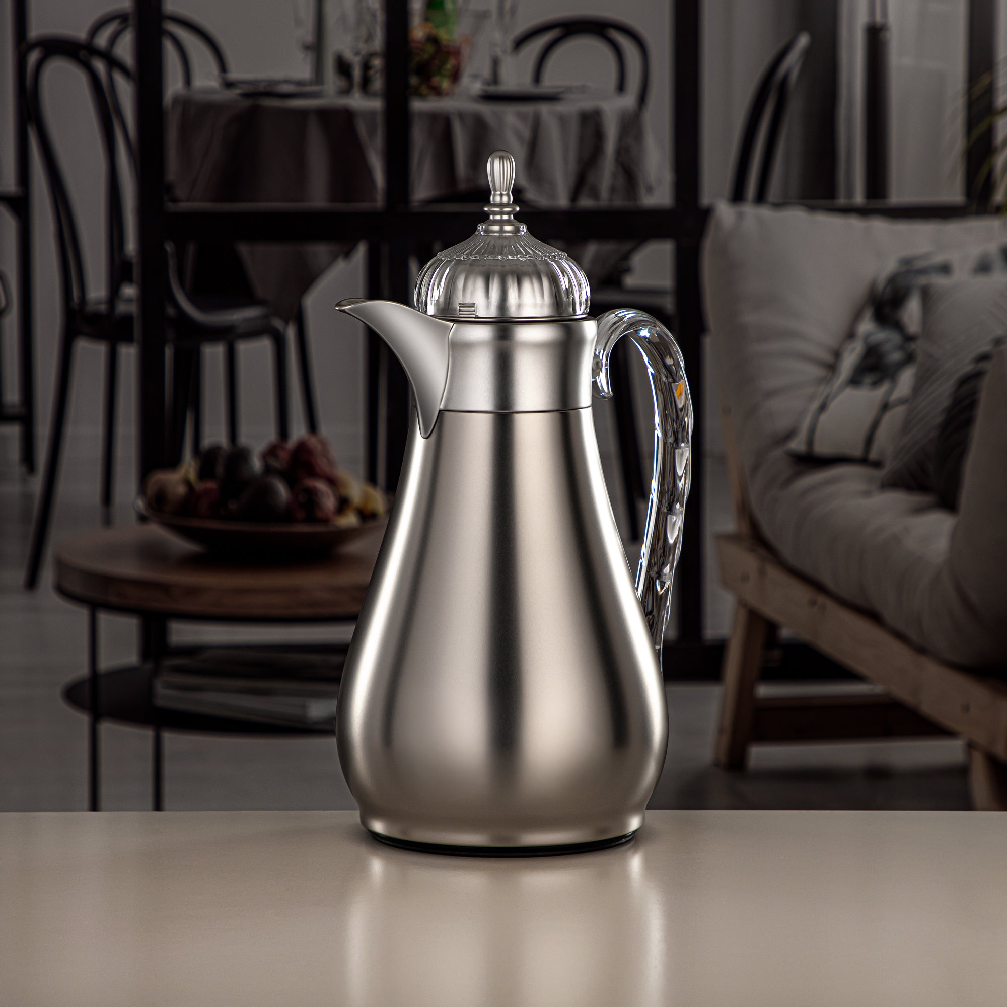 Almarjan Vacuum Flask Set, Push Button, 0.7L + 1L, Matt Silver & Transparent (FG810-070/100 MC/TR) - Elegant Vacuum Flask Sets