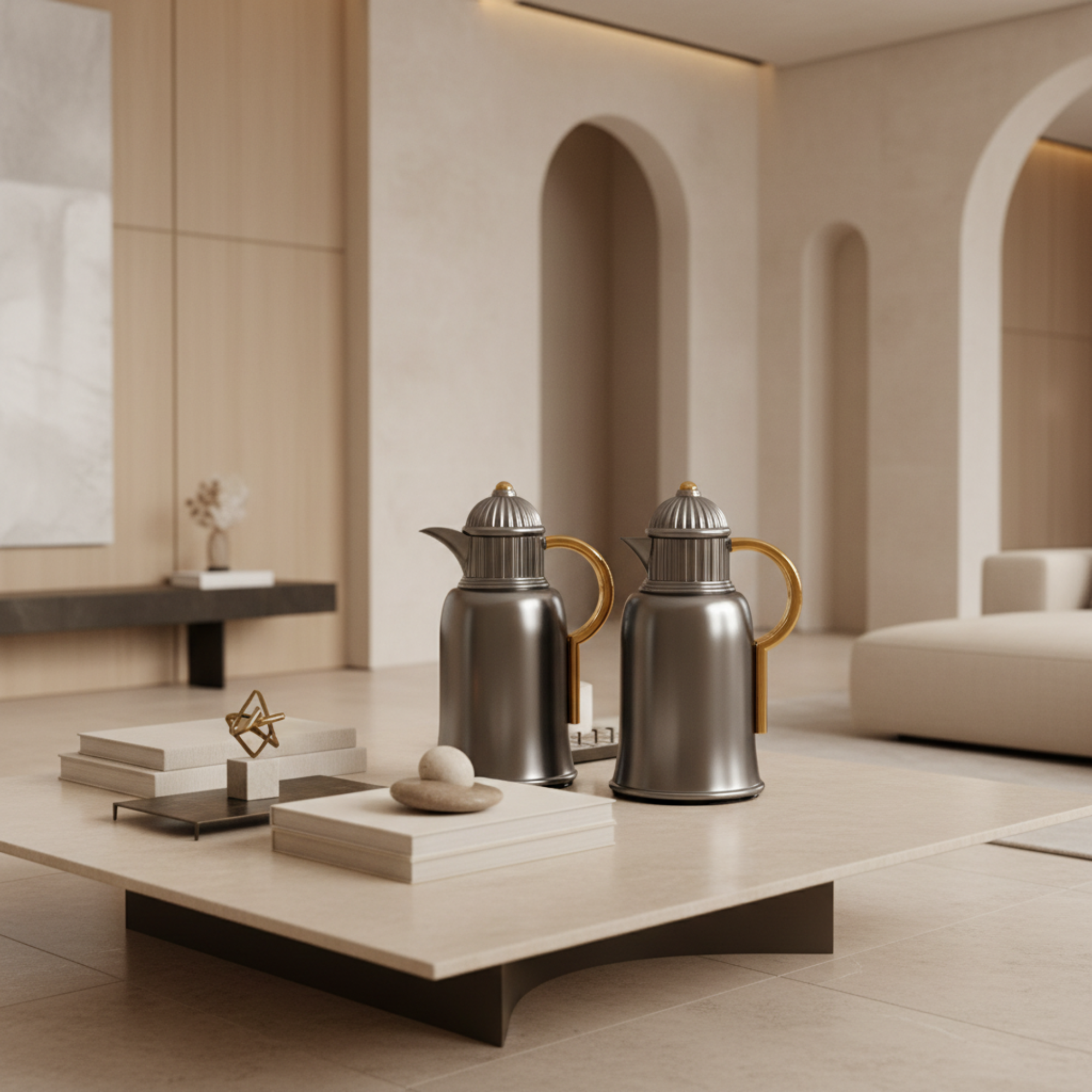 Almarjan Vacuum Flask Set 1L + 1L Matt Nickel & Gold