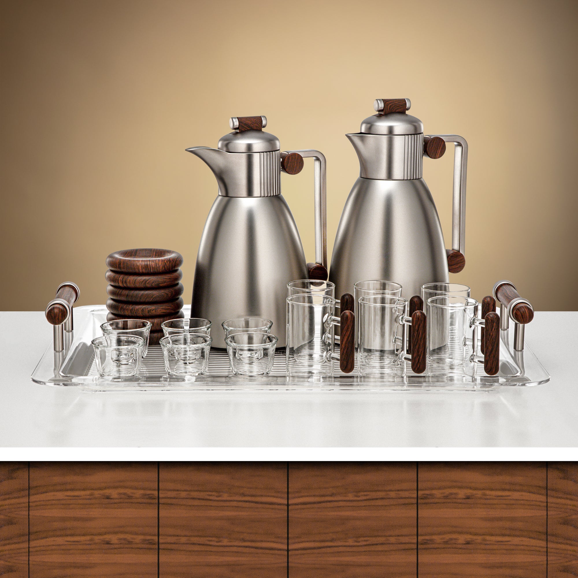 طقم ترامس المرجان ٢١ قطعة بلمسة نيكل غير لامع وخشب داكن