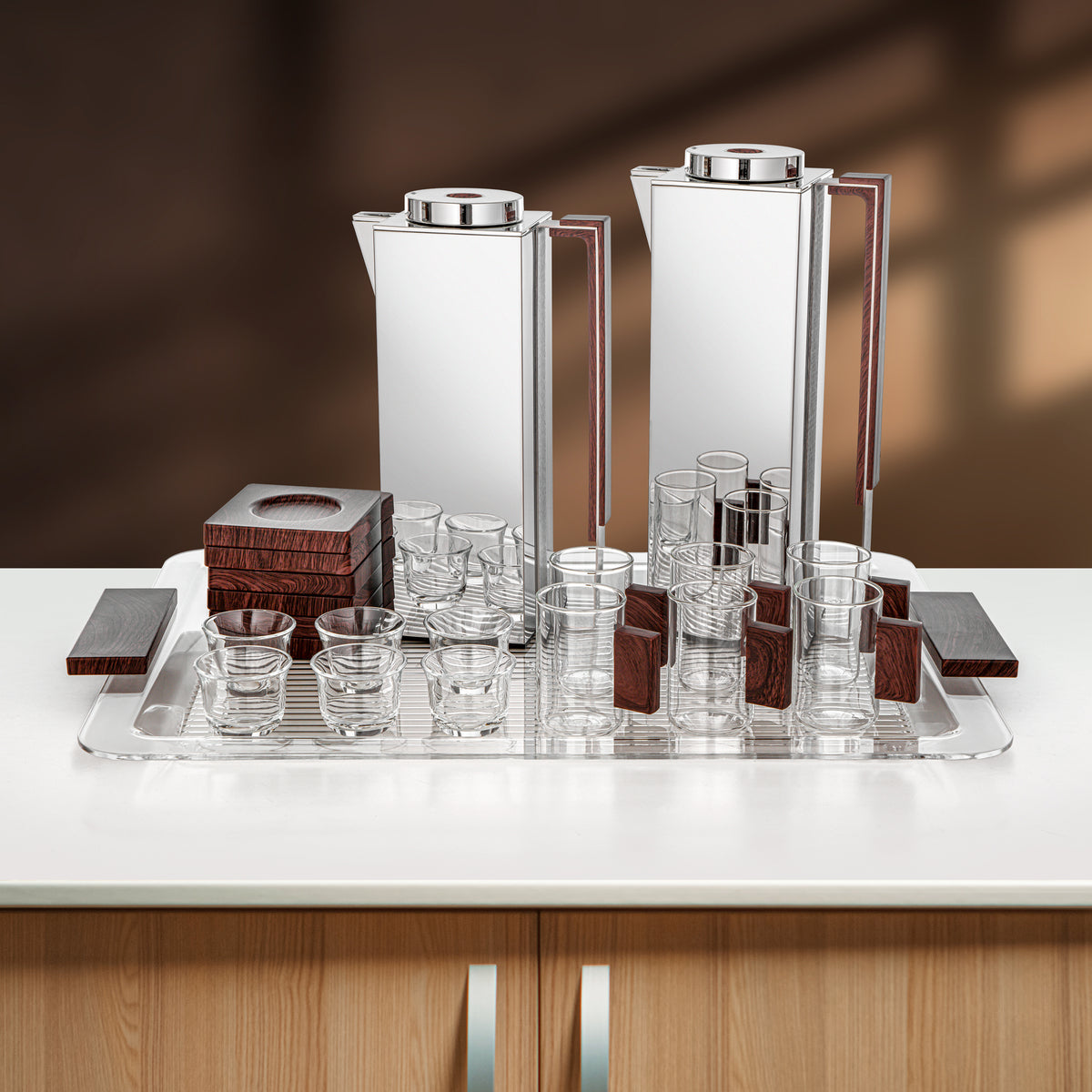 Almarjan 21 Pieces Tea & Coffee Set, Silver & Dark Wood