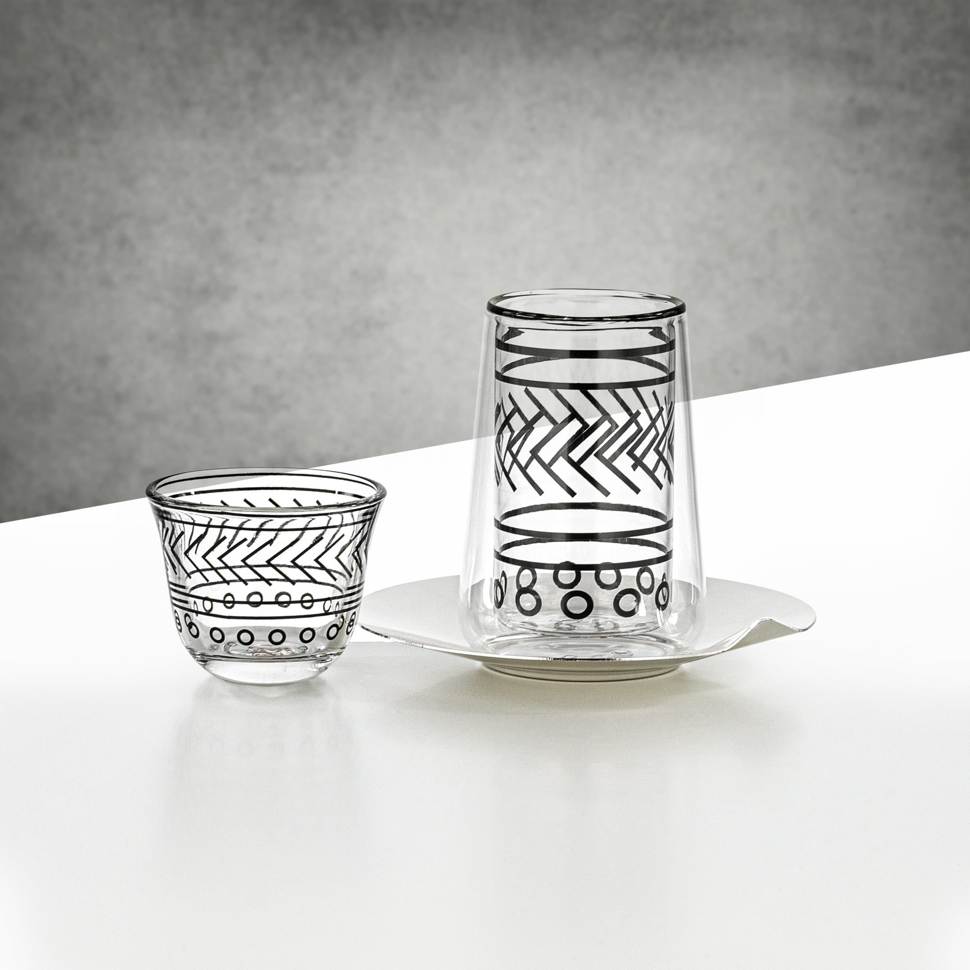 Almarjan Tea & Coffee Glass Set 18 Pieces Clear with Black Linear Pattern