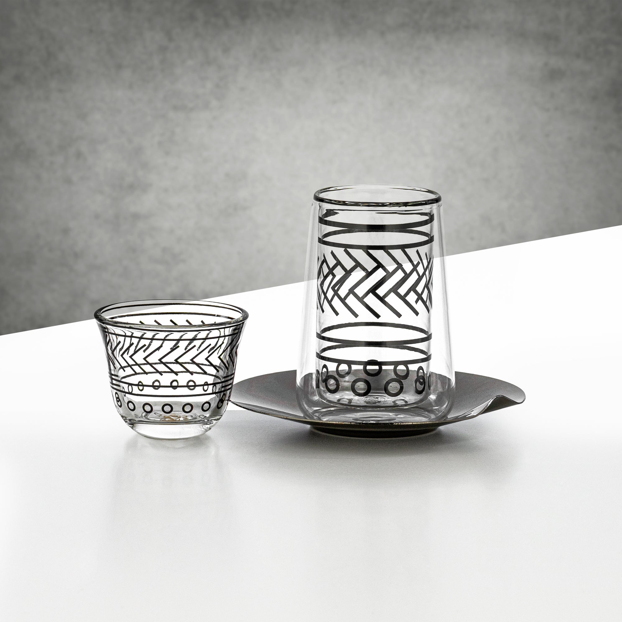 Almarjan Tea & Coffee Glass Set 18 Pieces Clear with Black Linear Pattern