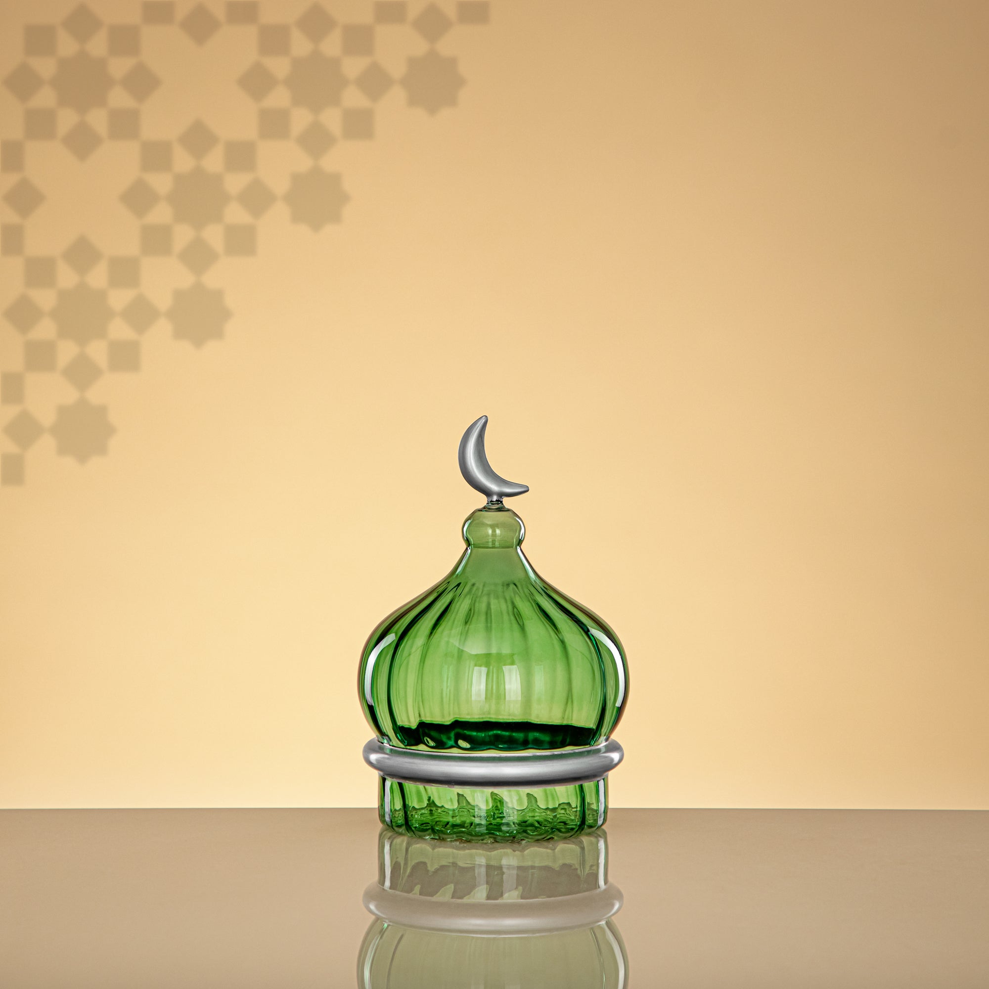 المرجان مئذنة زينة طاولة 17cm x 11cm شفاف أخضر مع خطوط فضية وهلال – Noor Al Layali