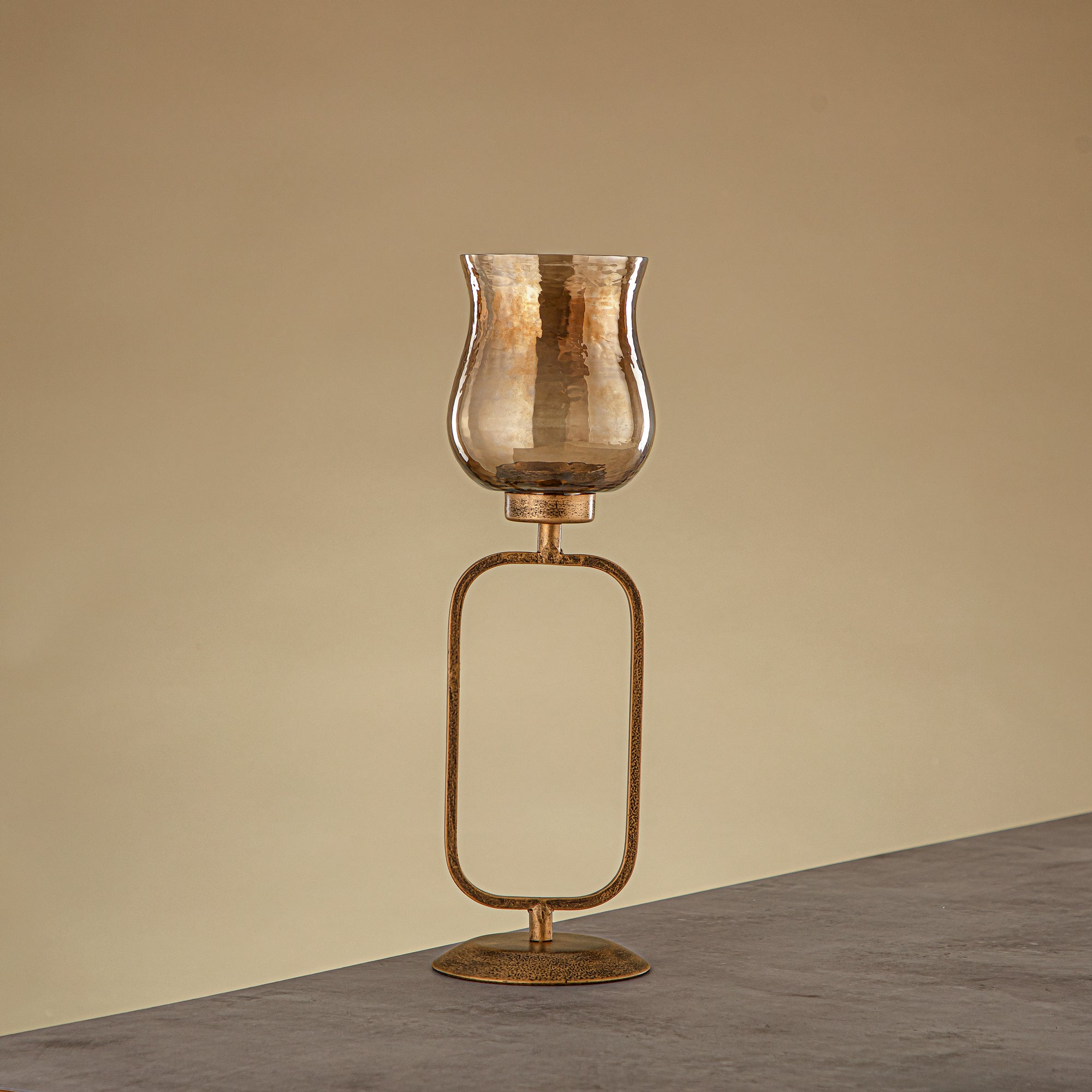 Almarjan Elemental Votive Holder Hammered Copper Brown Glass 11x11x36 CM Antique Gold Stand (GMT2960009)