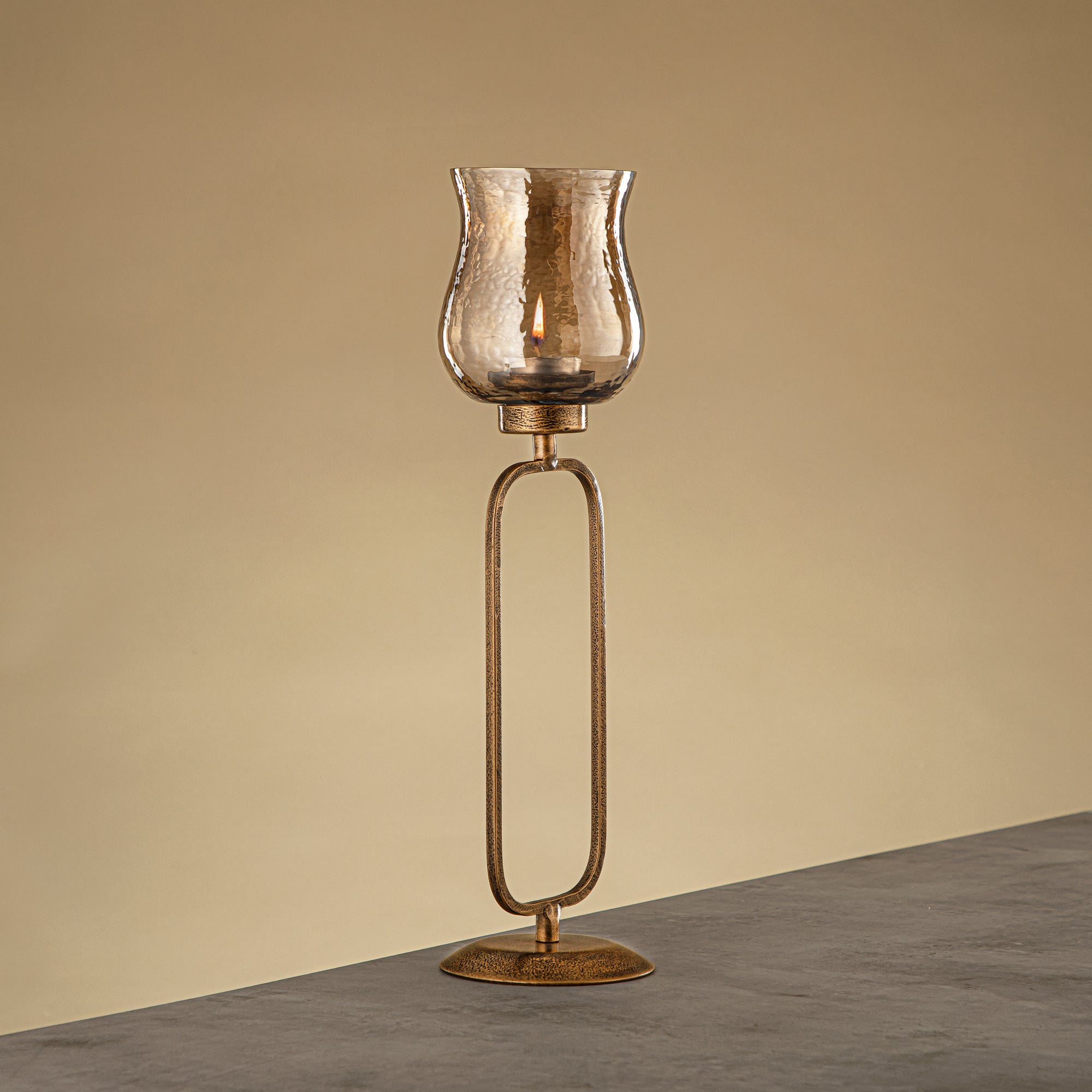 Almarjan Elemental Votive Holder Hammered Copper Brown Glass 11x11x41 CM Antique Gold Stand (GMT2960013)