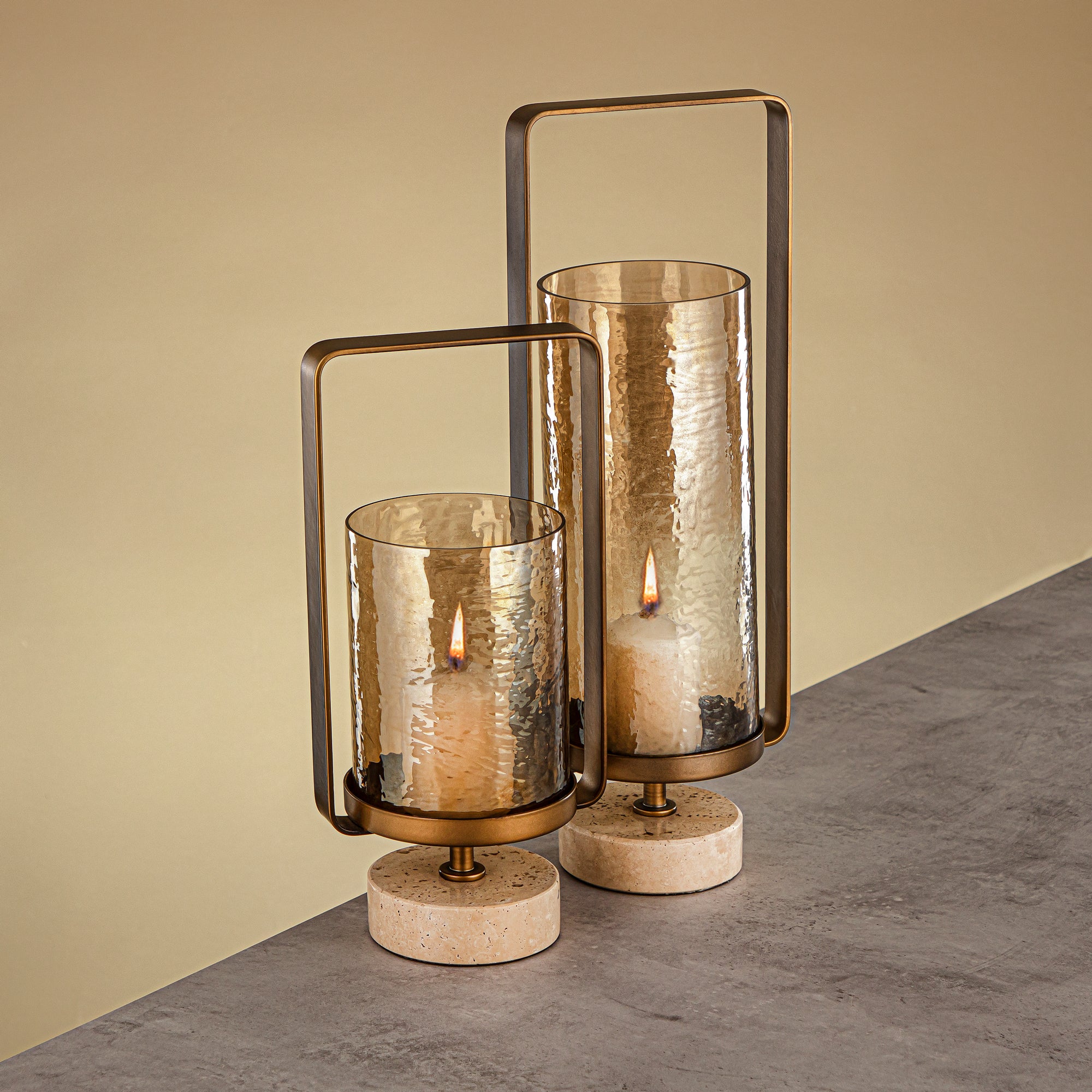 Almarjan Kalon Hurricane Lantern Hammered Copper Brown Glass 15.5x12.5x32.5 CM Brushed Gold & Travertine Base (GMT2960027)