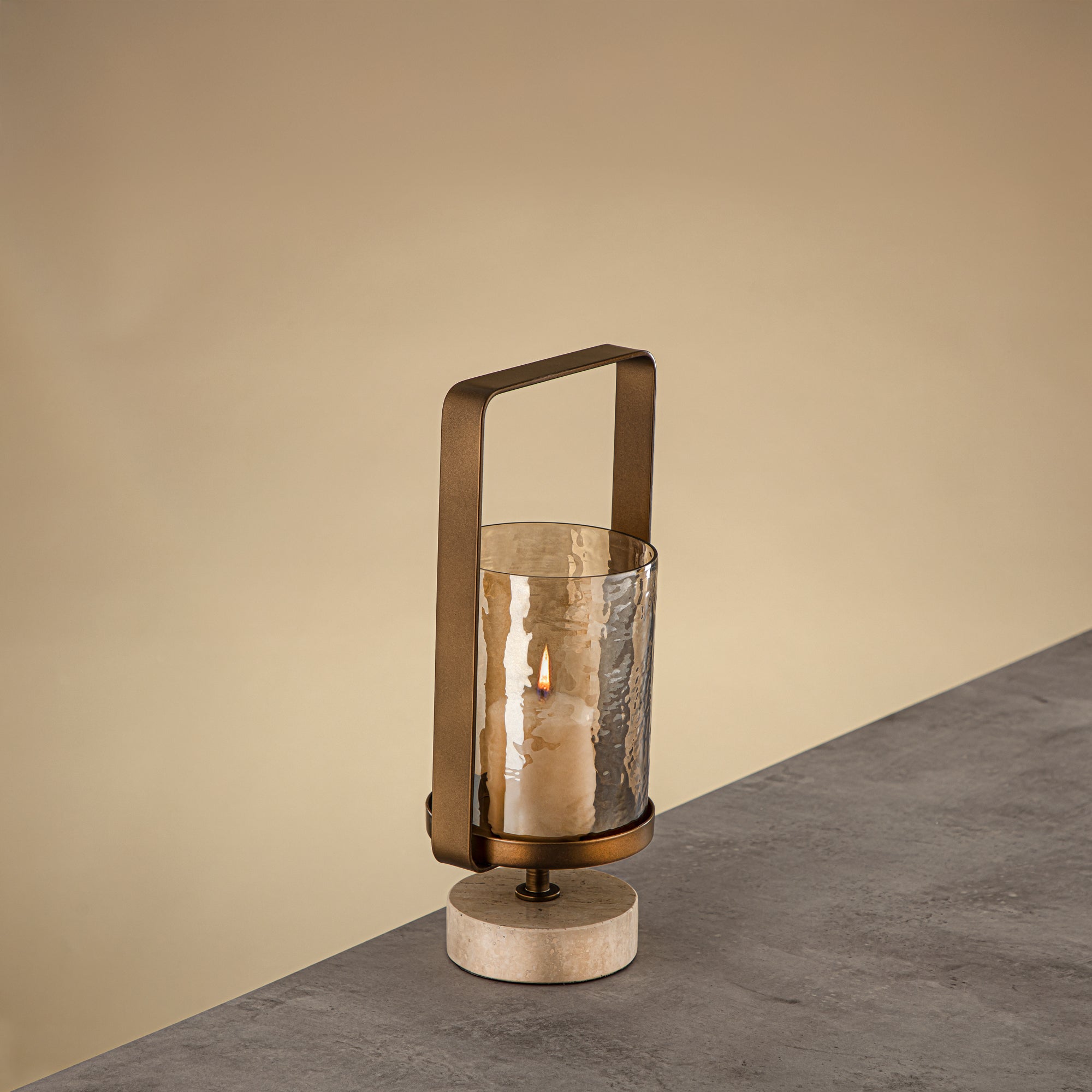 Almarjan Kalon Hurricane Lantern Hammered Copper Brown Glass 15.5x12.5x32.5 CM Brushed Gold & Travertine Base (GMT2960027)