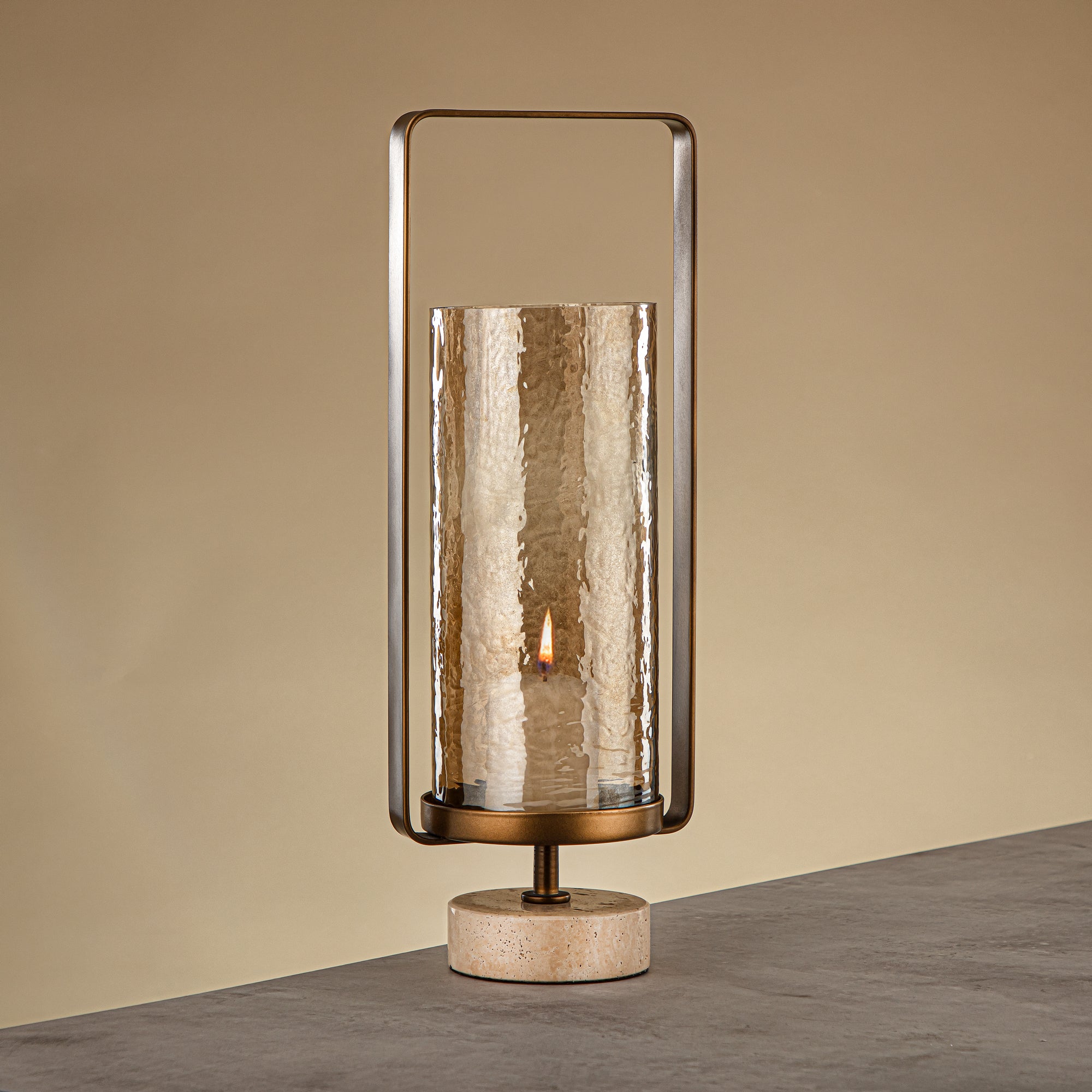 Almarjan Kalon Hurricane Lantern Hammered Copper Brown Glass 16x10.5x43.5 CM Brushed Gold & Travertine Base (GMT2960031)