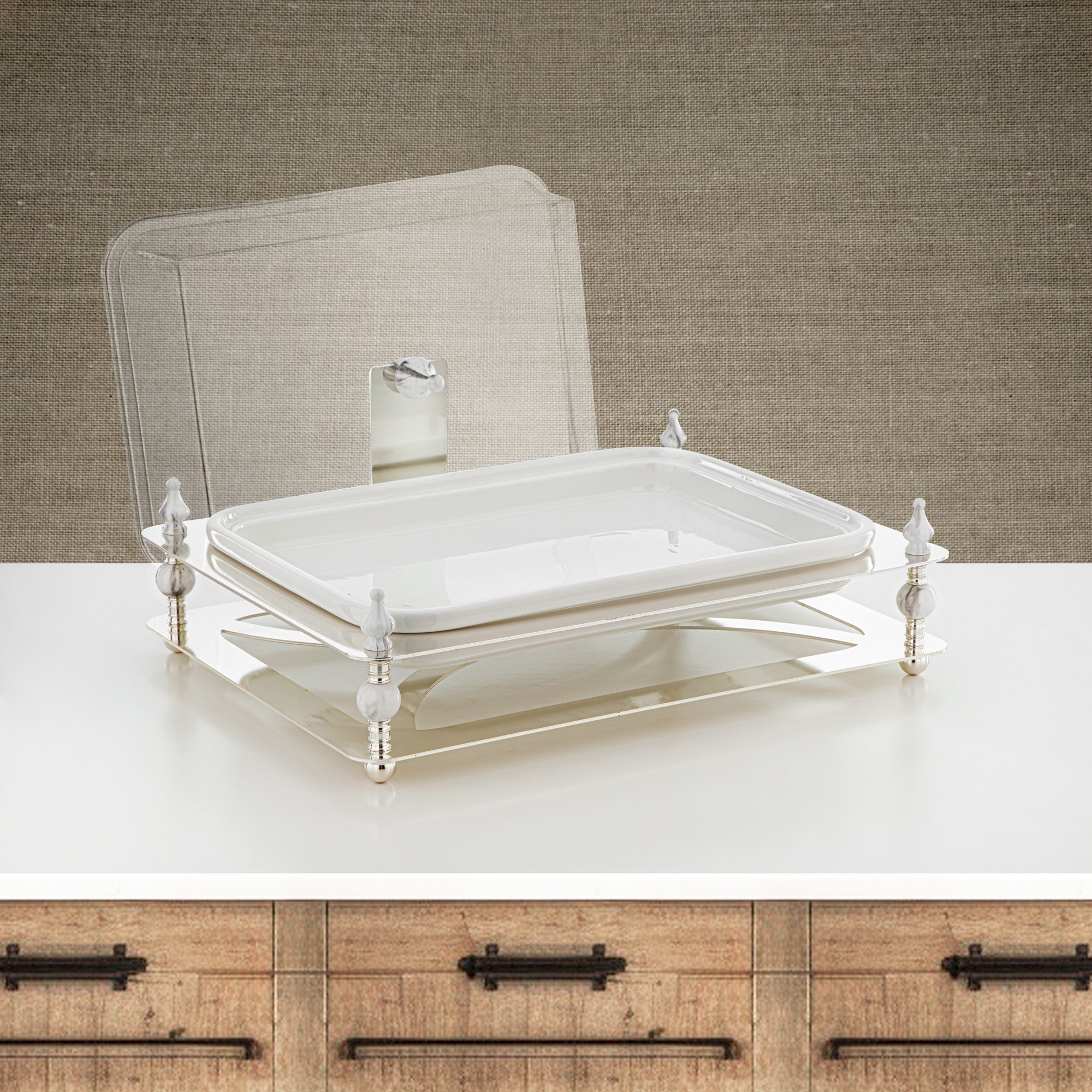 صينية تقديم المرجان 41 سم مع غطاء أكريليك فضي - HM4111-S